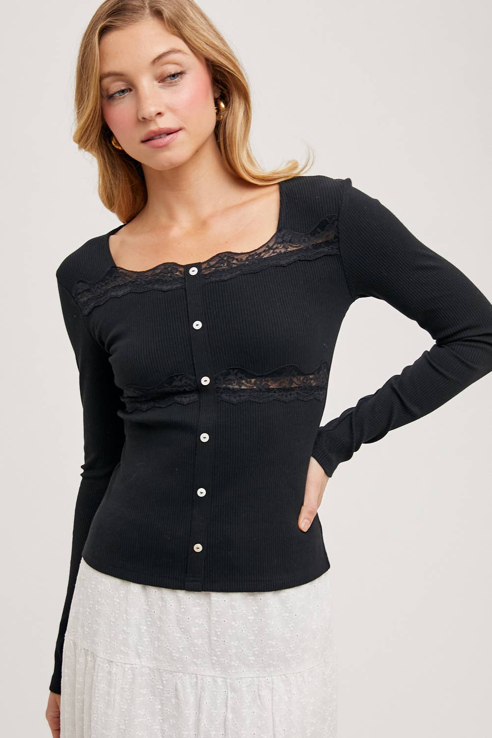 Ribbed Lace Knit Top: Sand