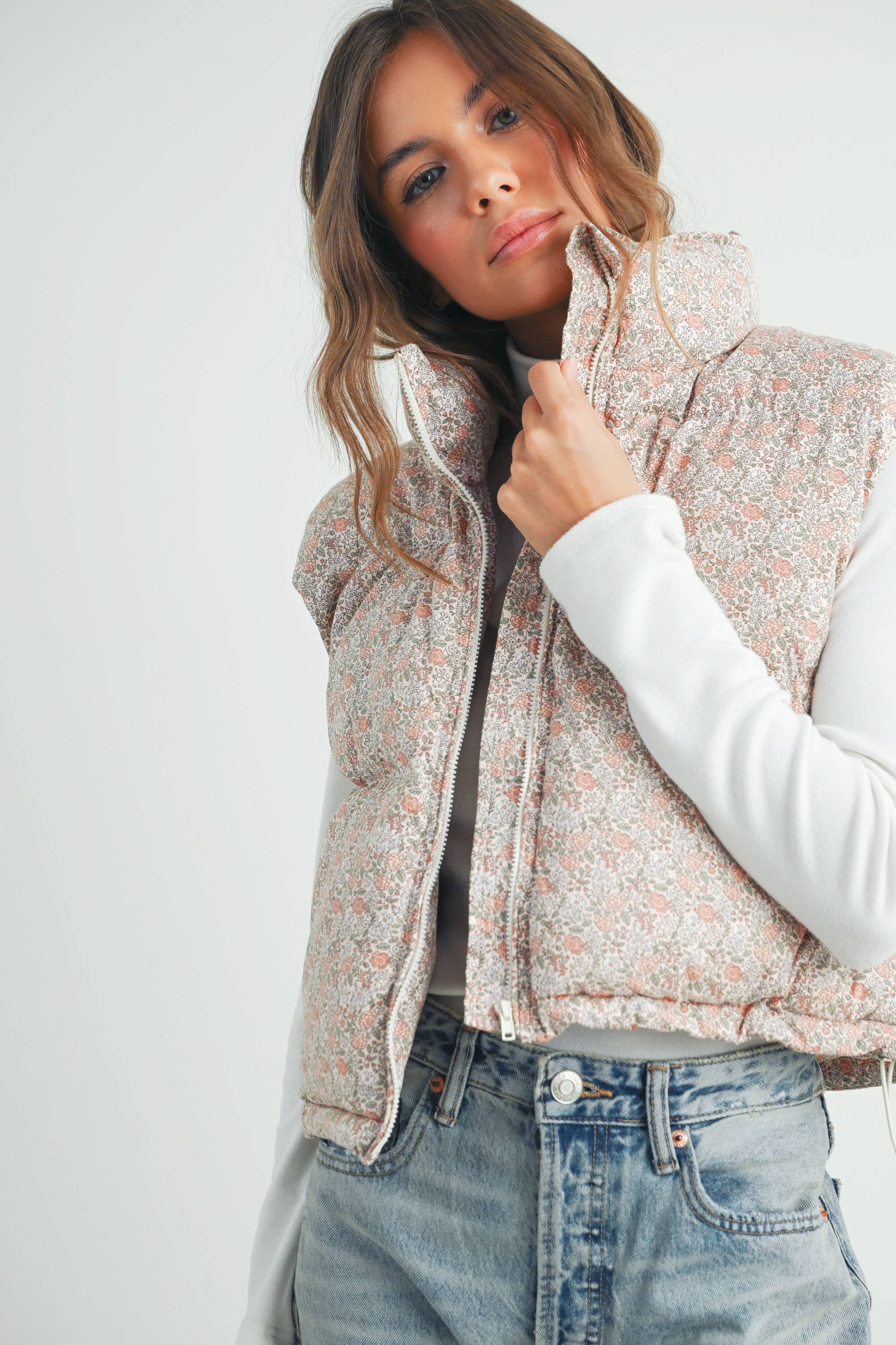 Floral Puffer Vest:Blush