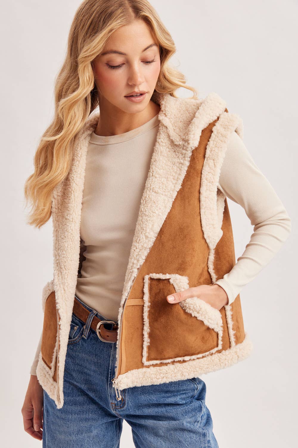 Suede Hooded Vest: Tan