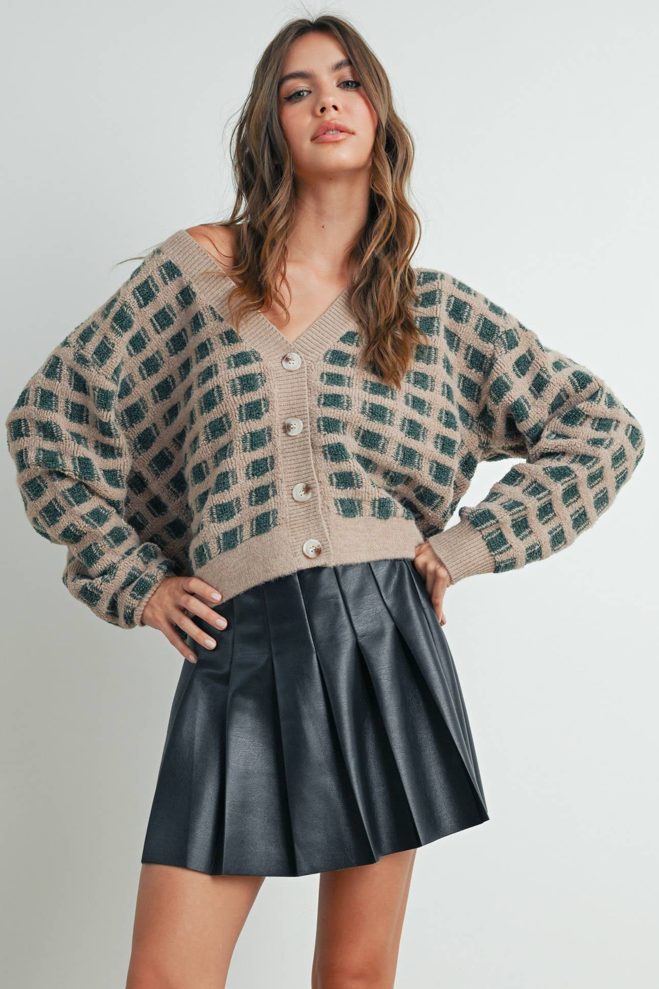 Cropped V-Neck Cardigan: Olive