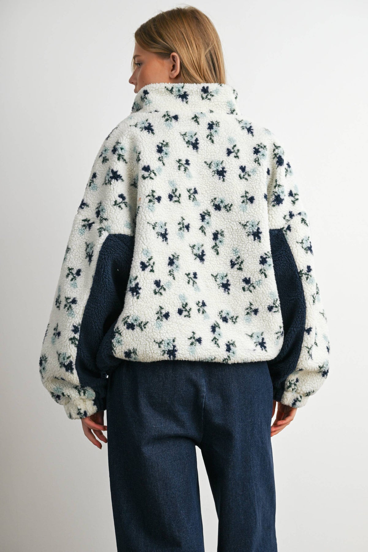 Floral Sherpa Zip-Up: Ivory/Navy