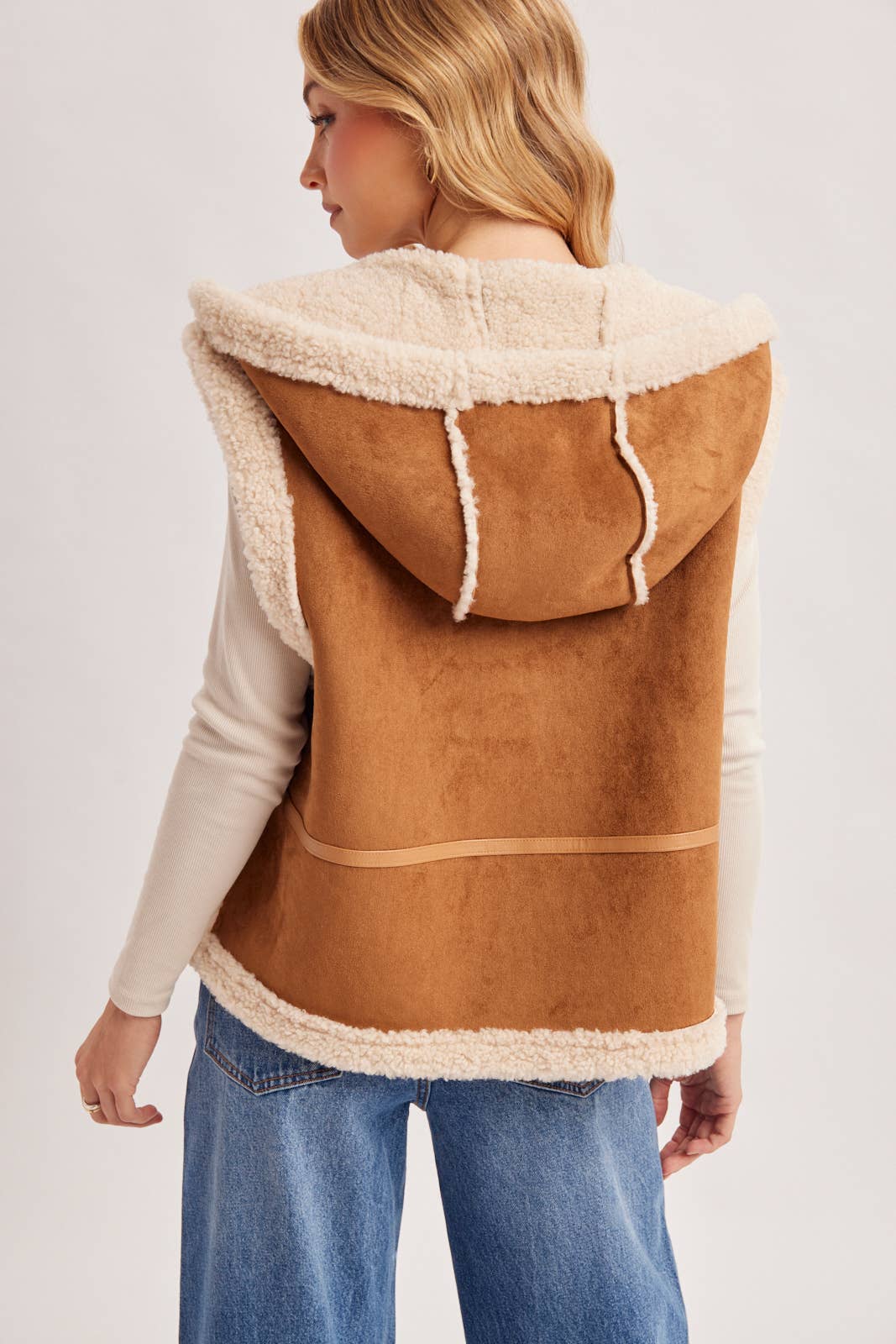 Suede Hooded Vest: Tan