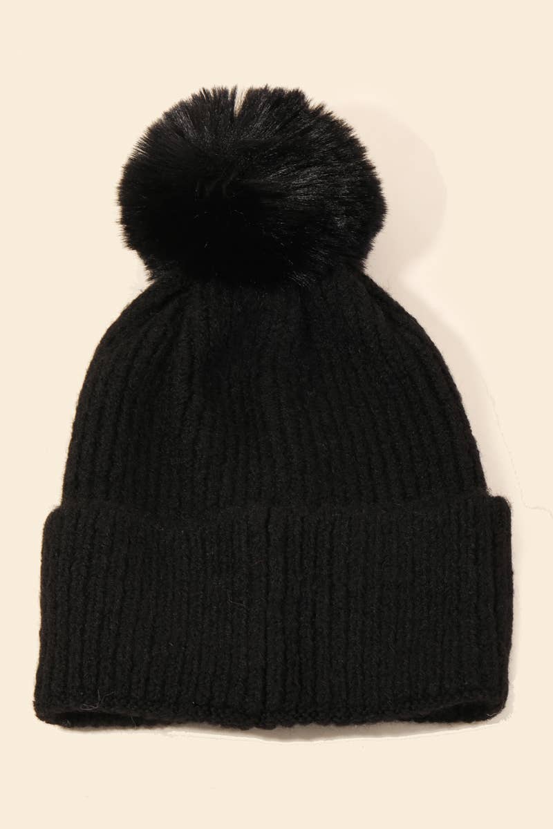 Black Pom Ribbed Beanie