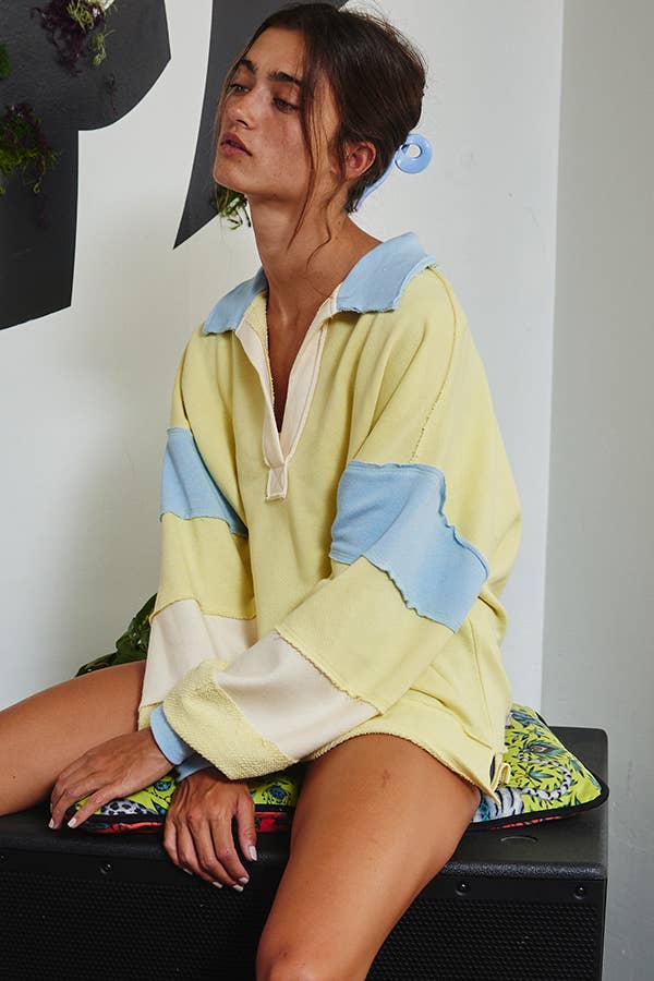 Color-block Collared Top: Yellow