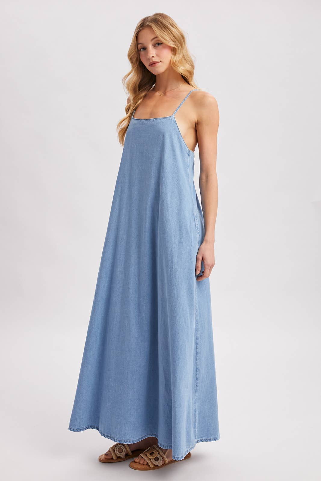 Denim Open Back Dress: Lt.Wash