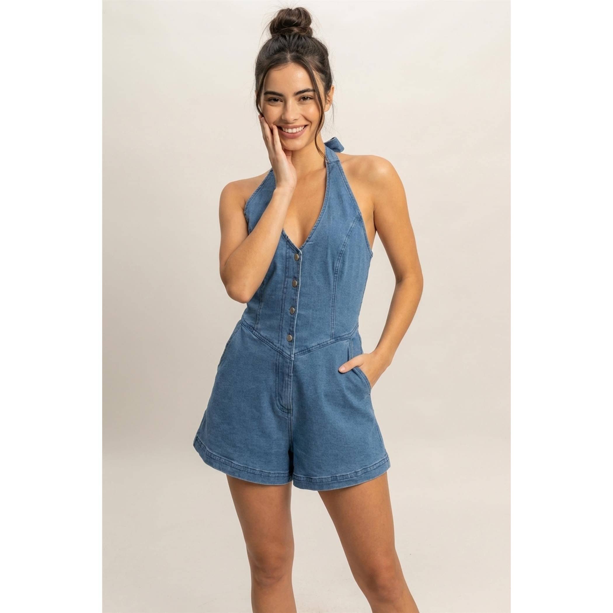 Denim Halter Romper: Med. Blue