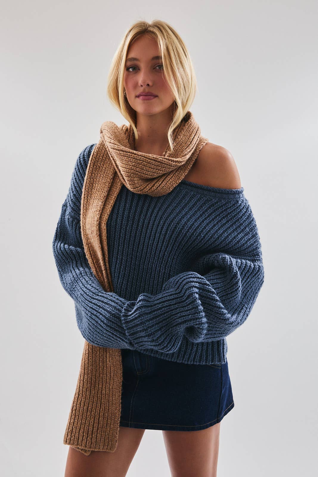 Boat Neck Chunky Sweater: Dusty Blue
