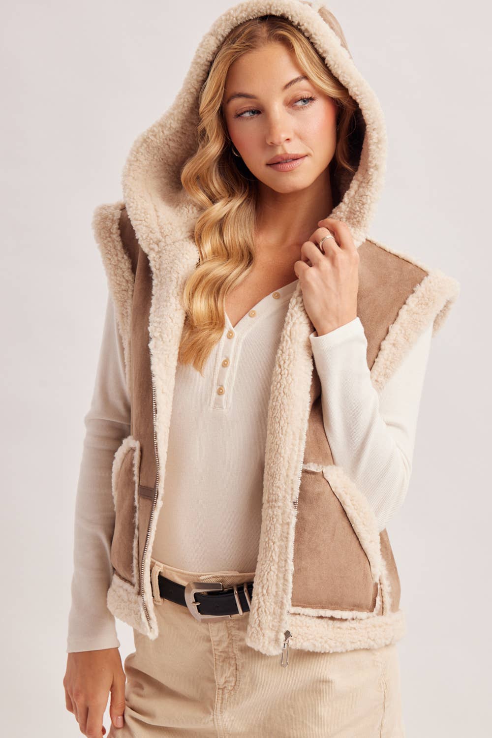 Suede Hooded Vest: Mushroom