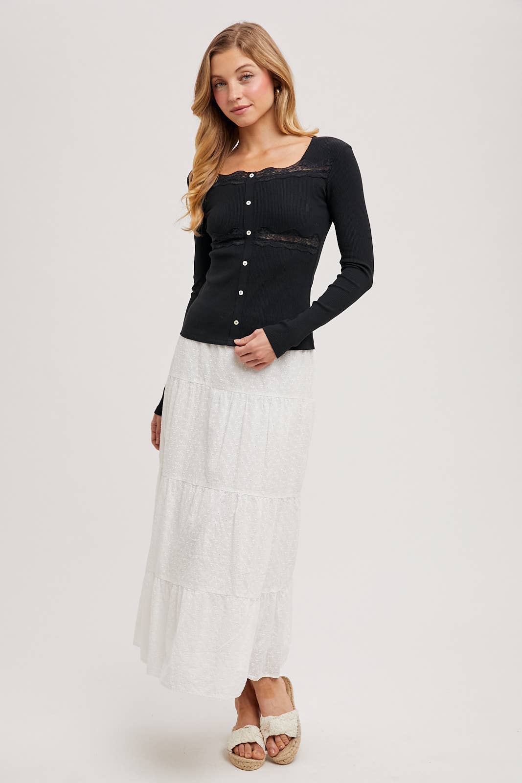 Ribbed Lace Knit Top: Sand