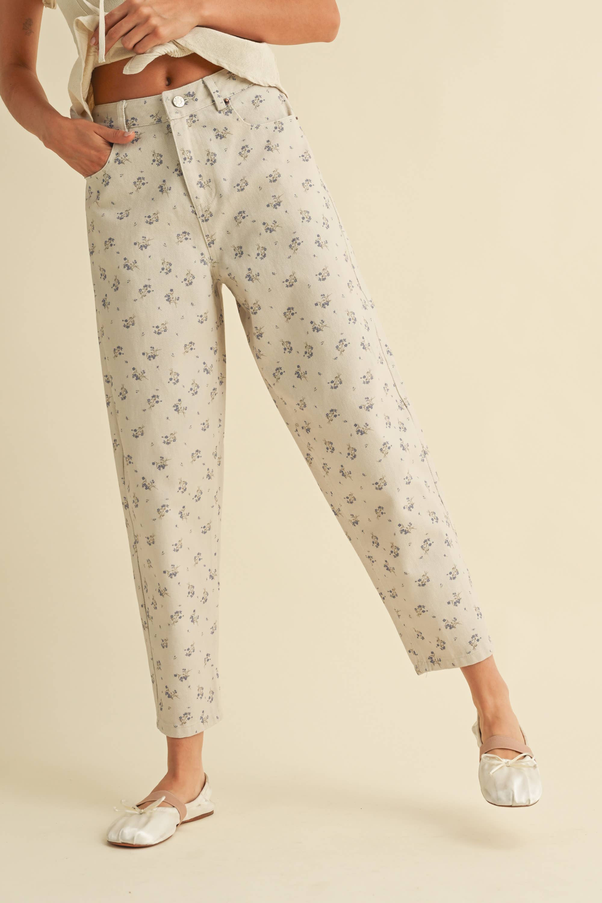 Floral Denim Pants: Cream