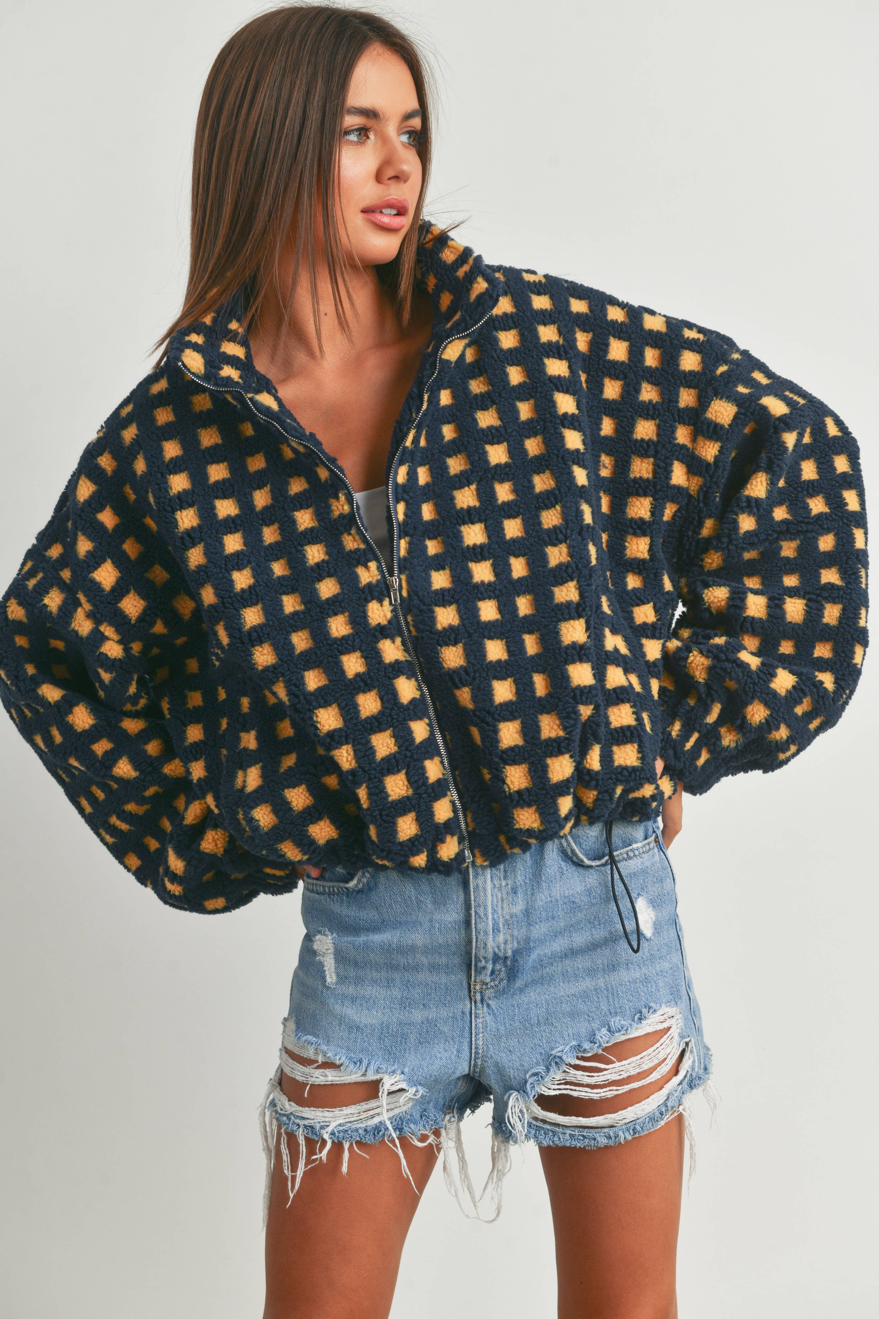 Fuzzy Sherpa Jacket: Navy Multi