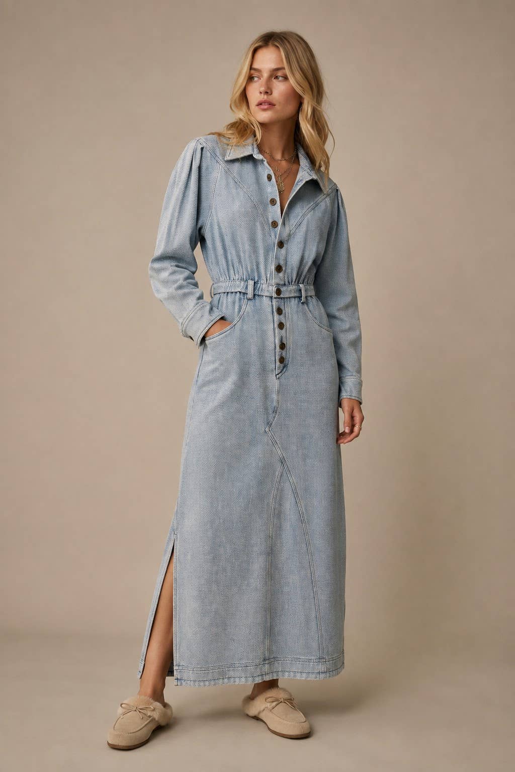 Vintage Denim Midi Shirt Dress: Dusty