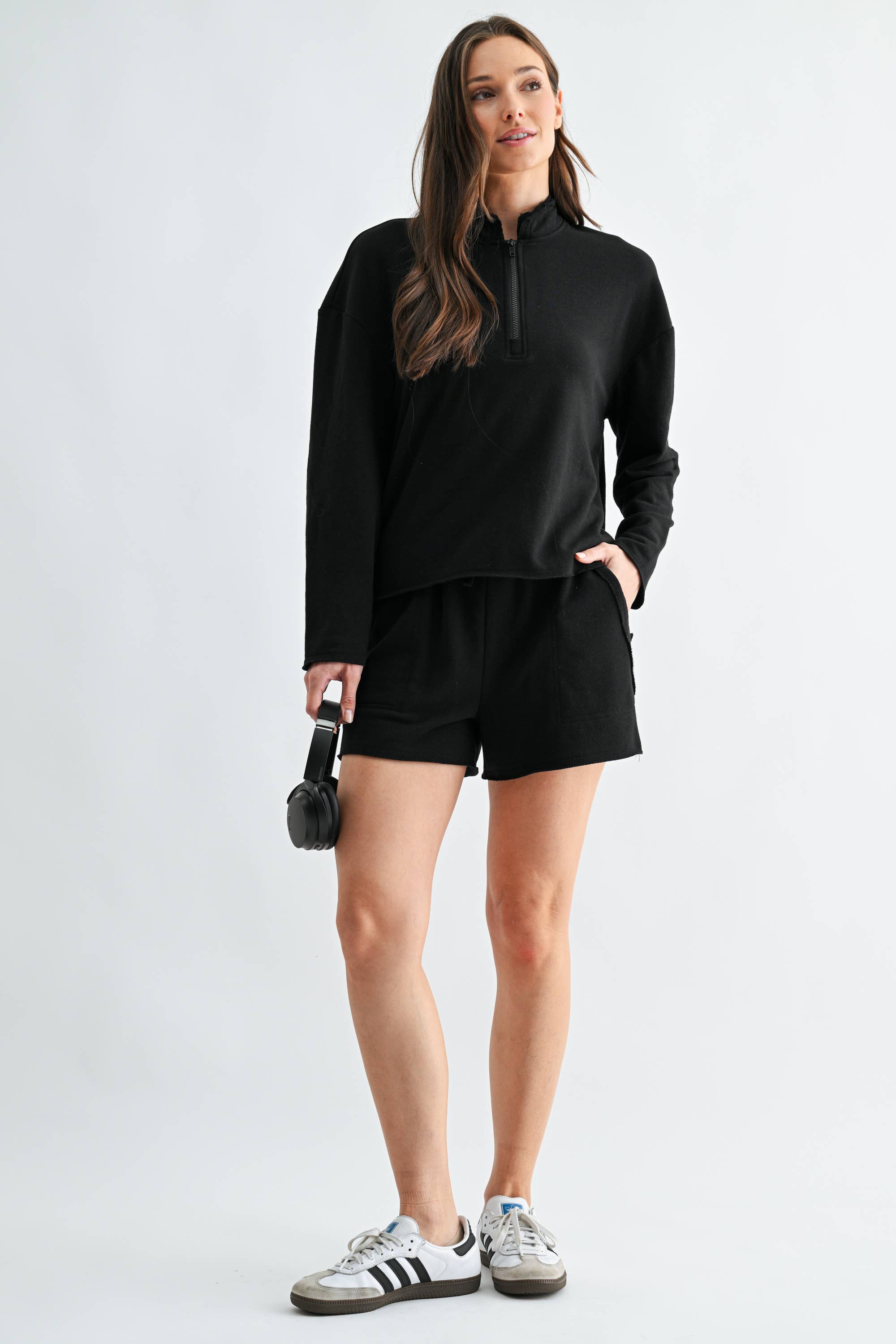 Raw Edge Half-Zip Set: Black