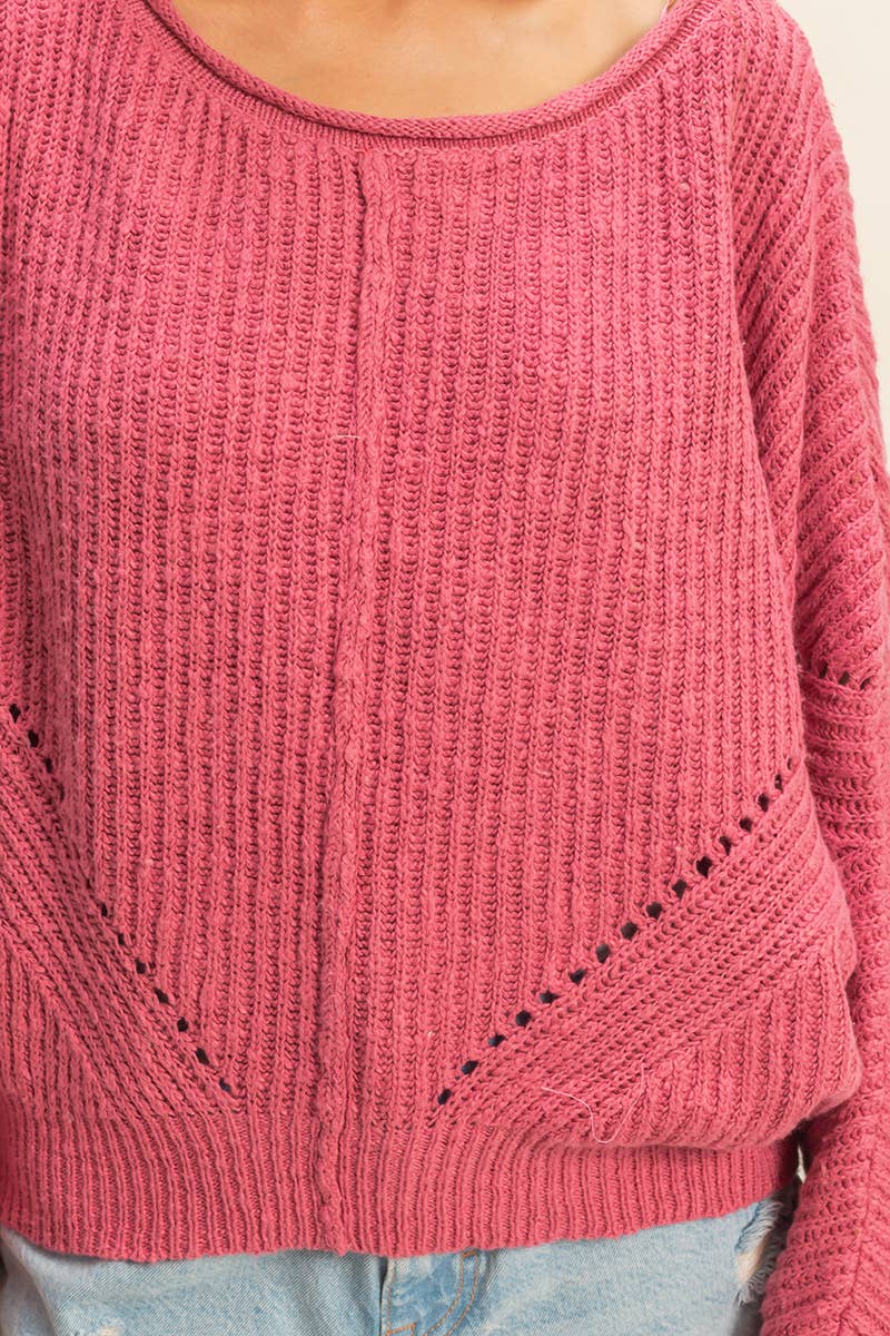 Ribbed Drop Sleeve Sweater:Rose