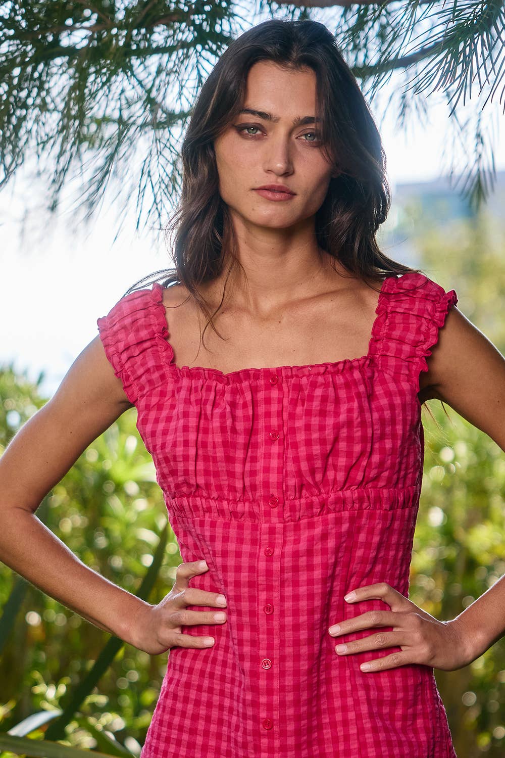 Gingham Frill Mini Dress: Fuchsia