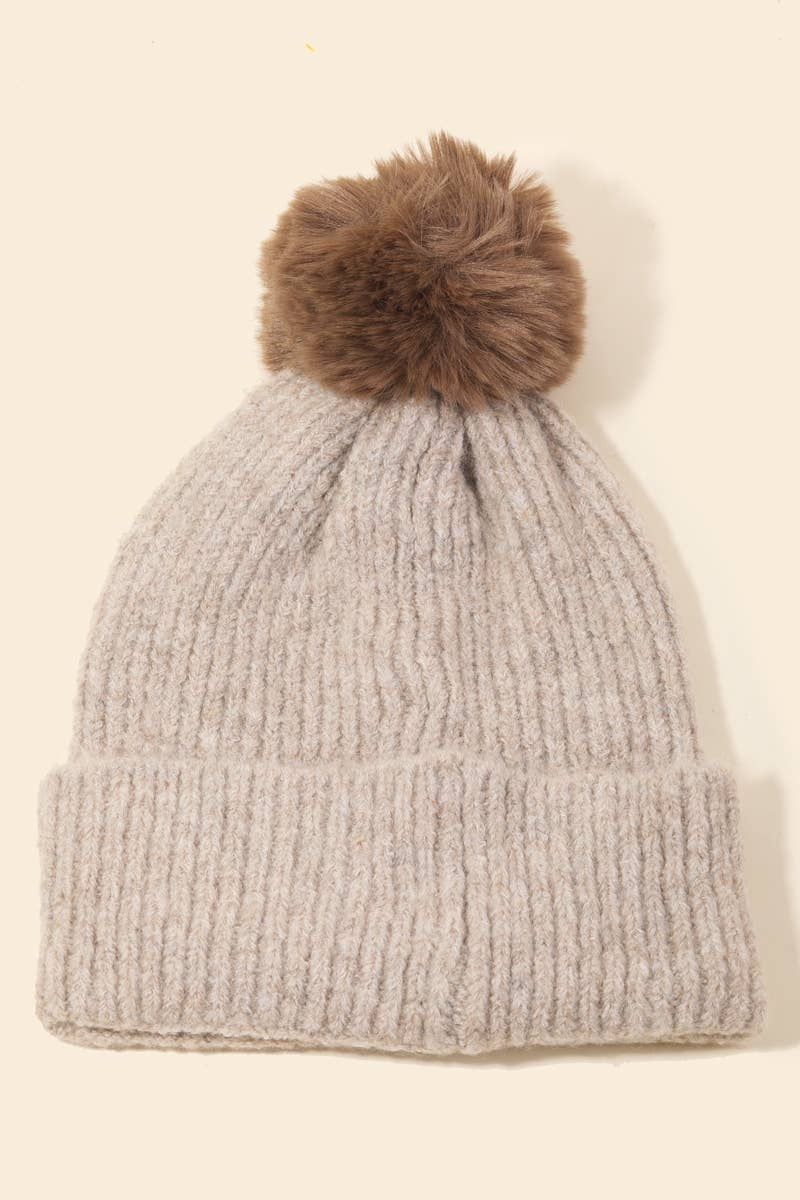 Khaki Pom Ribbed Beanie