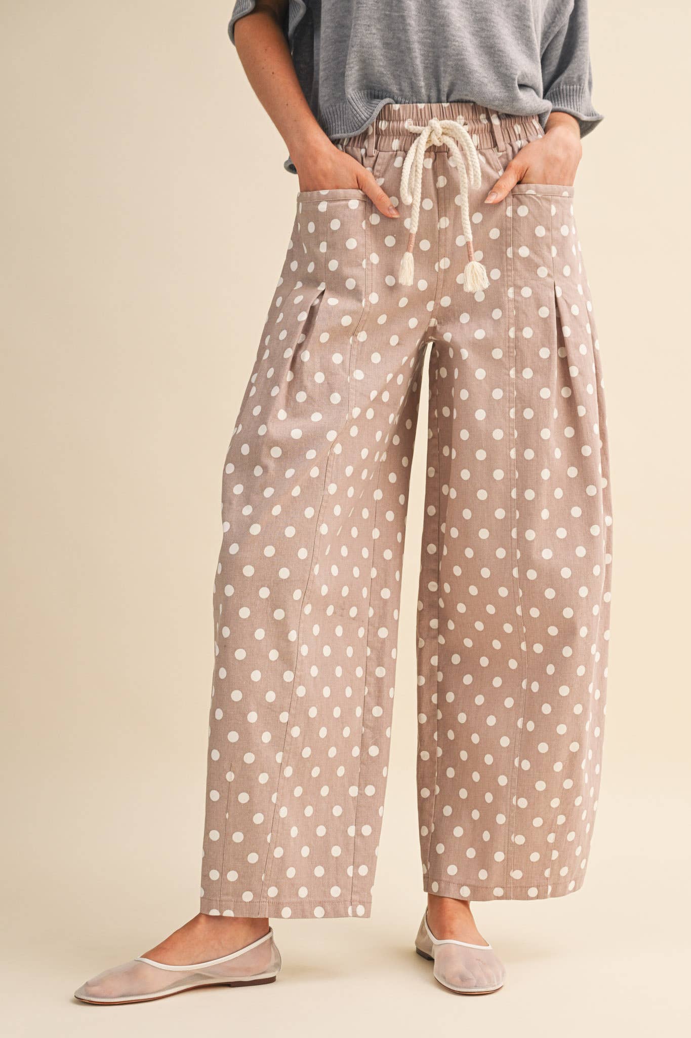 Polka Dot Barrel Pants: Taupe