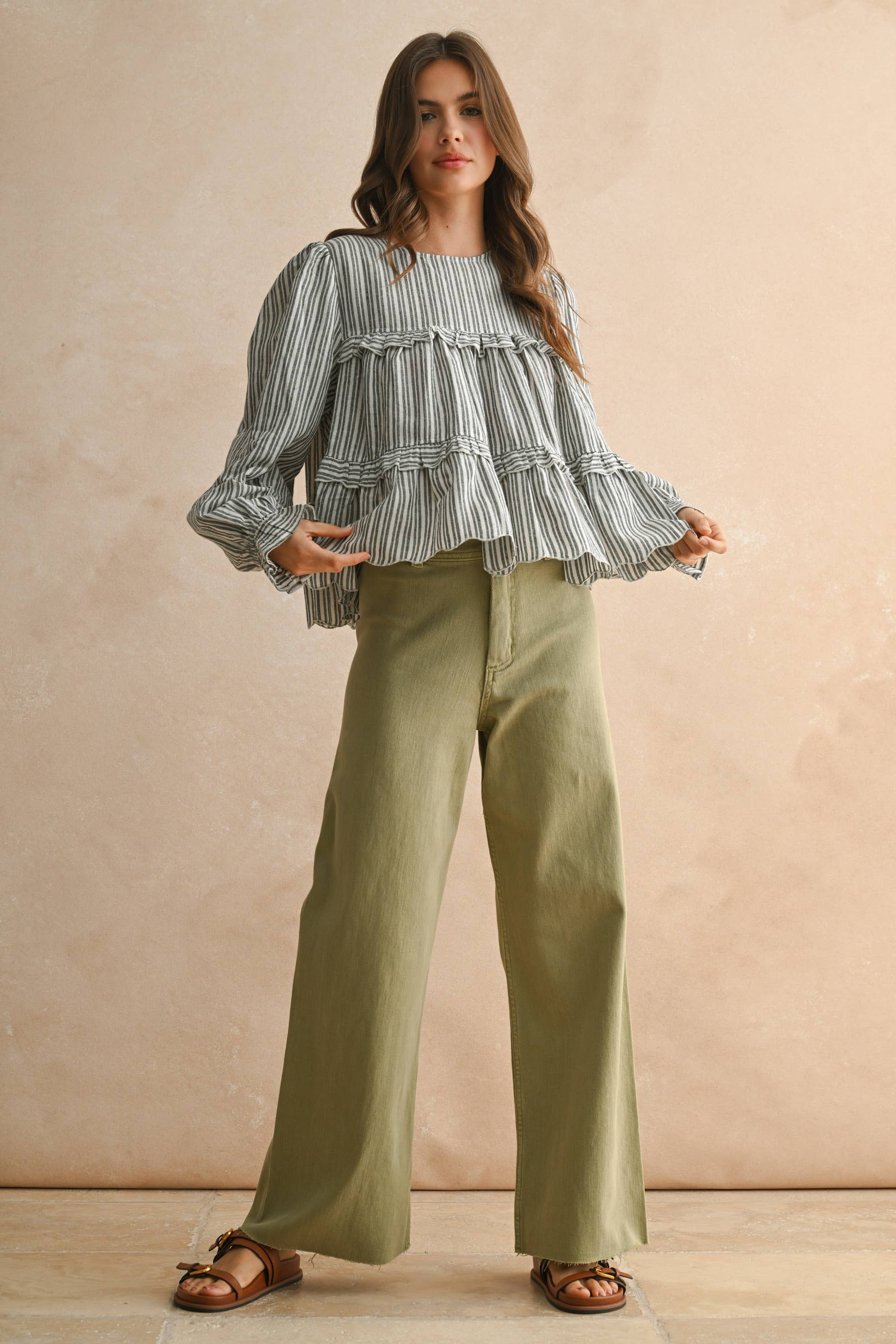 Wide Leg Denim Pants: Dusty Sage