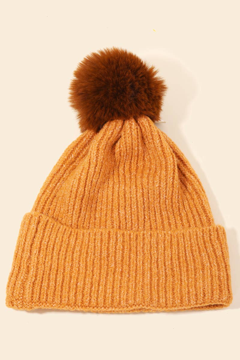 Rust Pom Ribbed Beanie