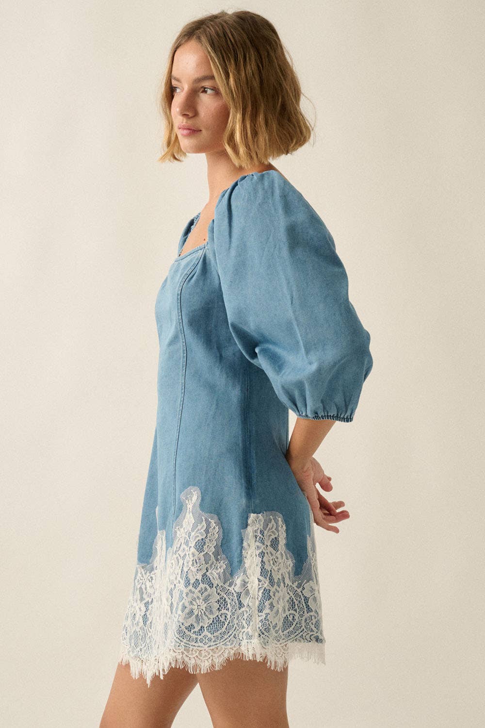 Denim Lace-Trimmed Dress