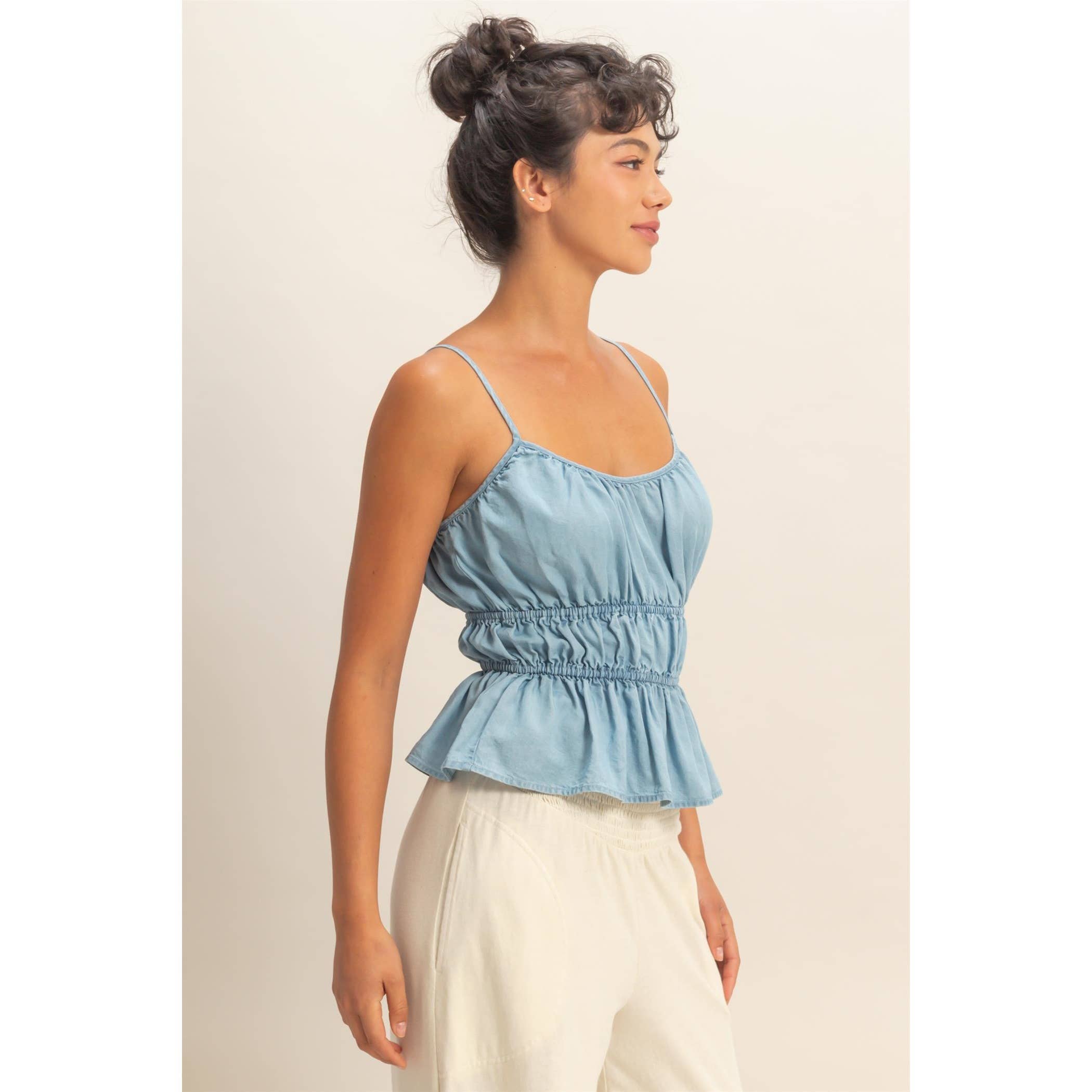 Cinched Waist Peplum Top: Lt. Blue