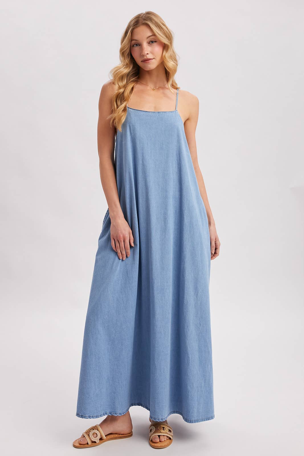 Denim Open Back Dress: Lt.Wash