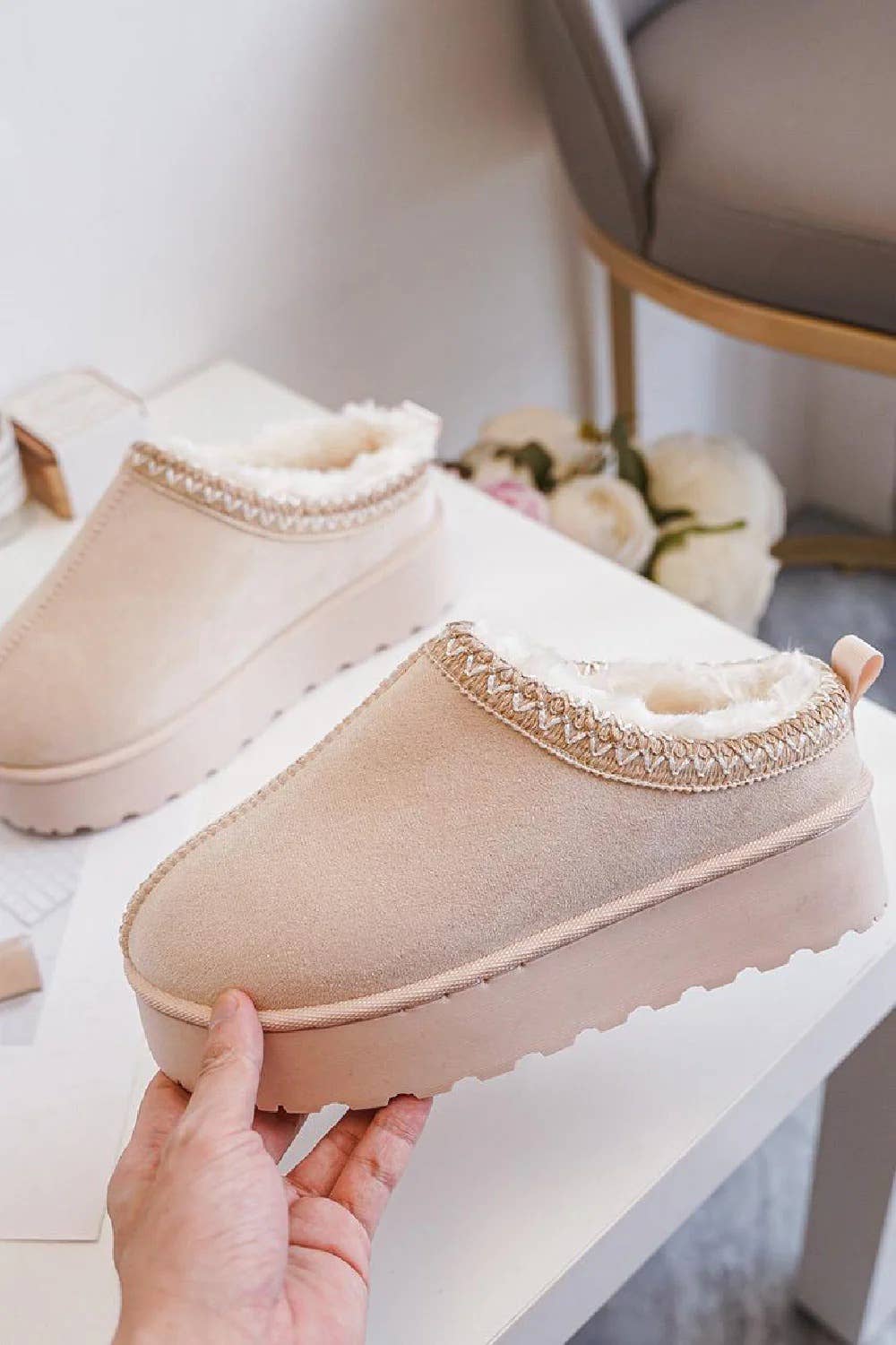 Fur Lined Slip Ons: Beige