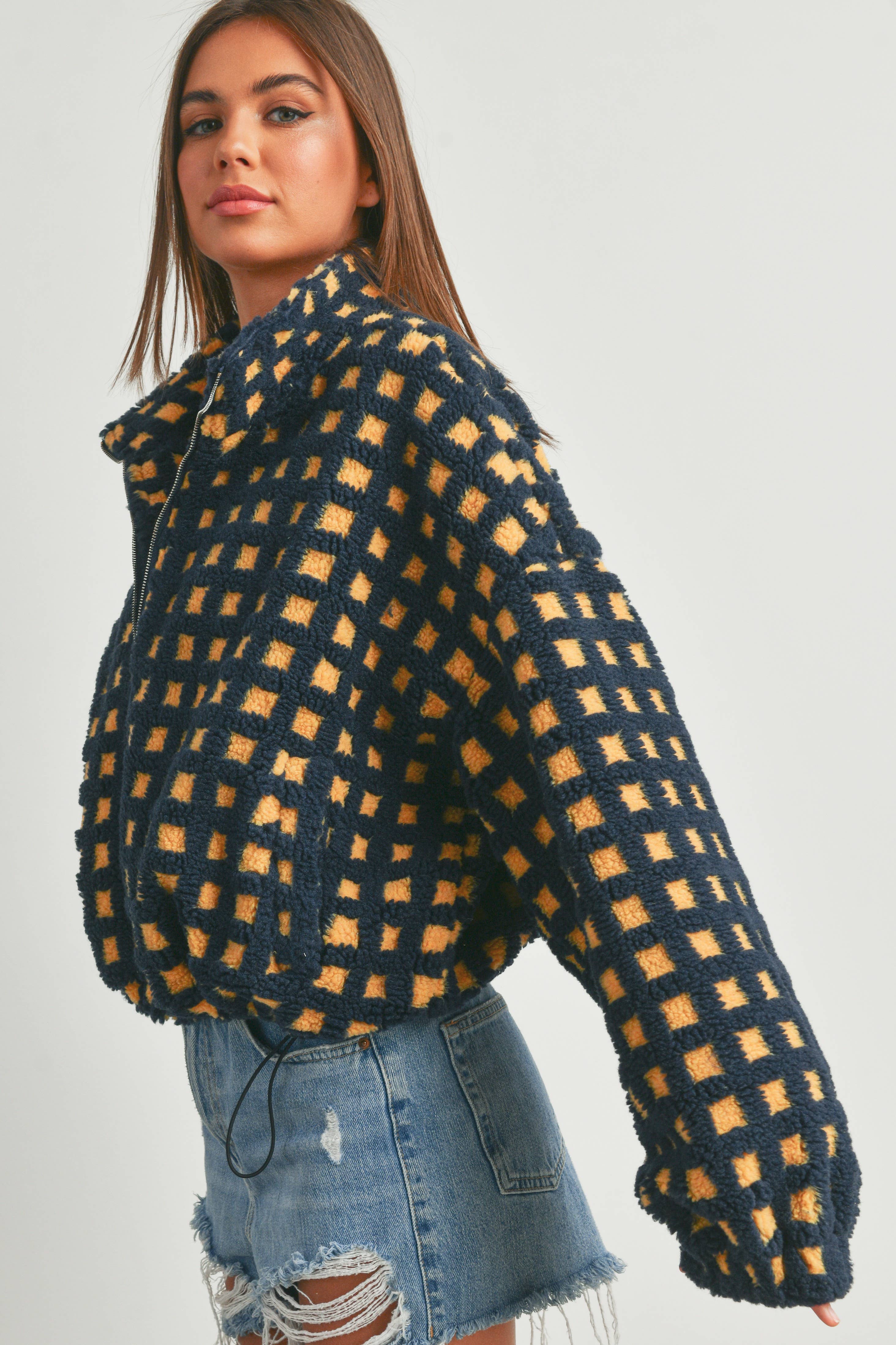 Fuzzy Sherpa Jacket: Navy Multi