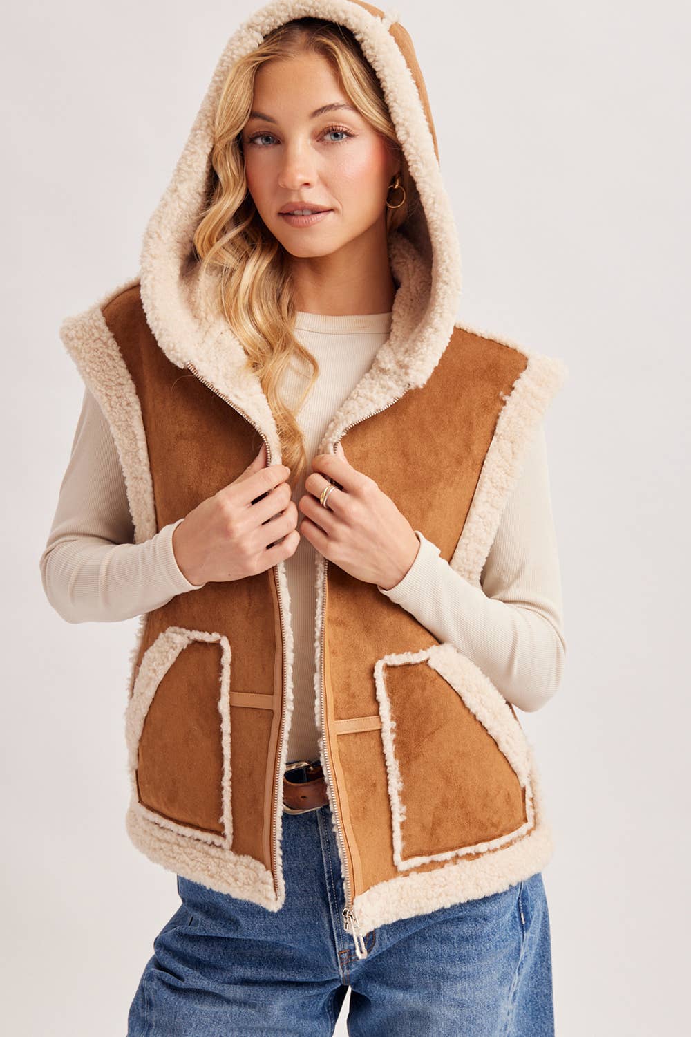 Suede Hooded Vest: Tan