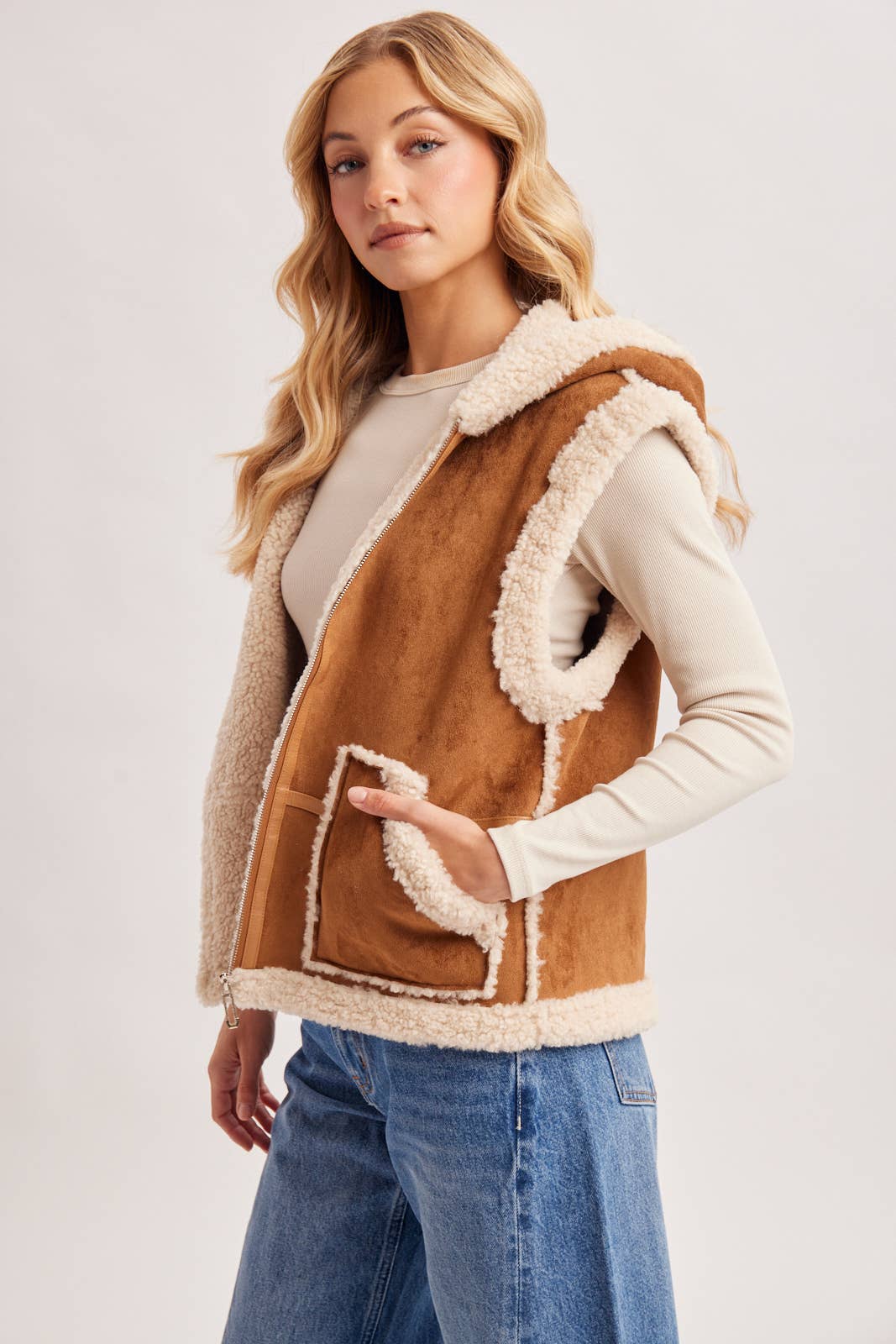 Suede Hooded Vest: Tan