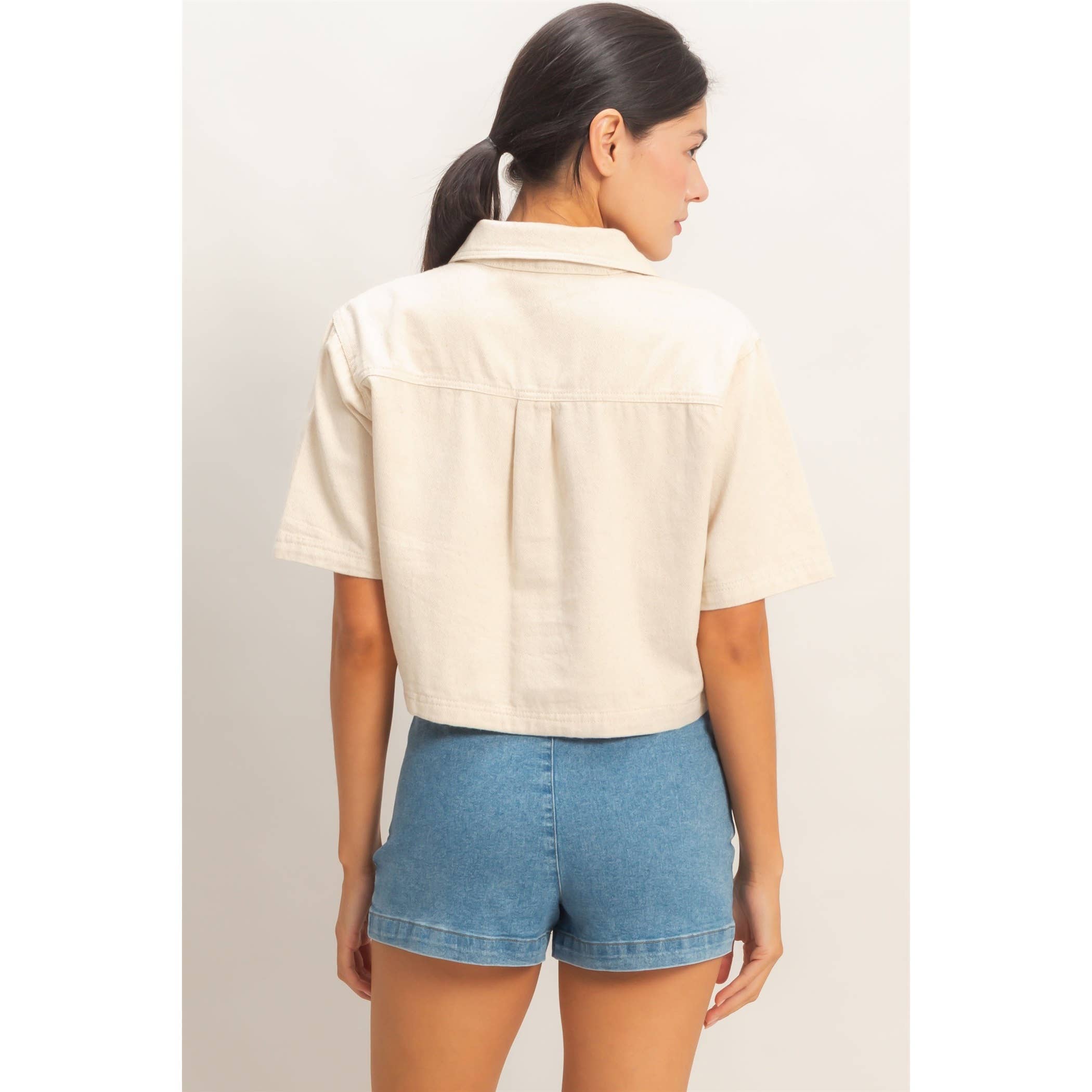 Collared V-Neck Top: Oatmeal