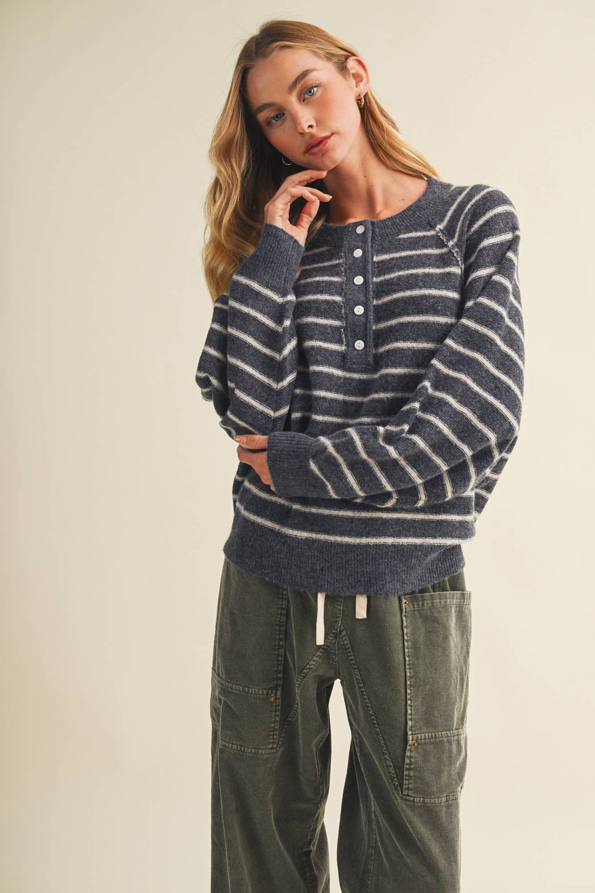 Placket Stripe Pullover: Indigo