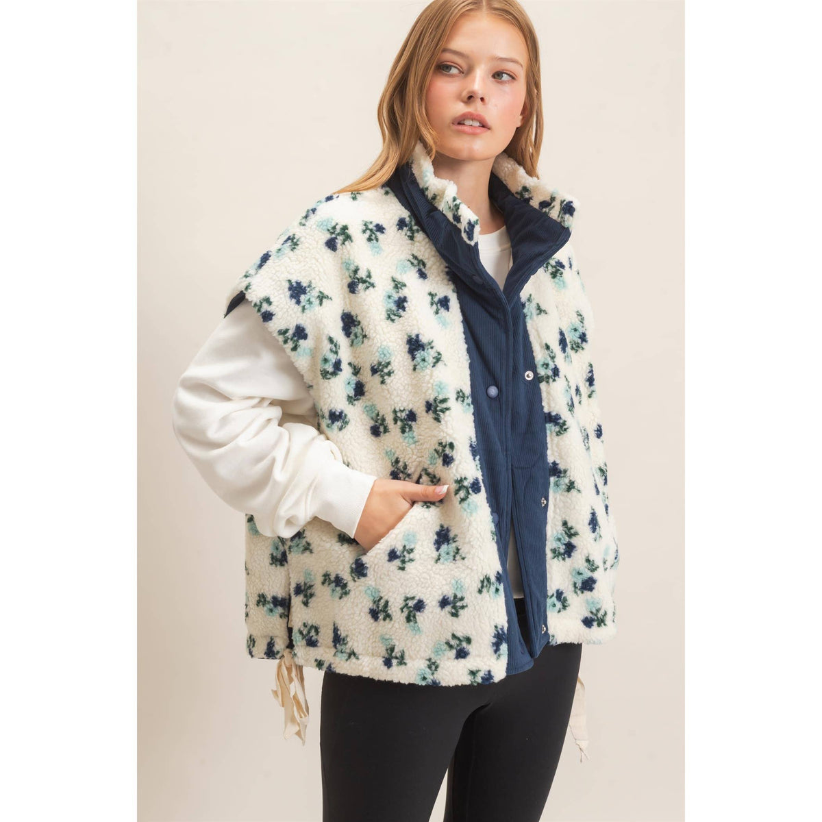 Floral Sherpa Corduroy Vest: Blue