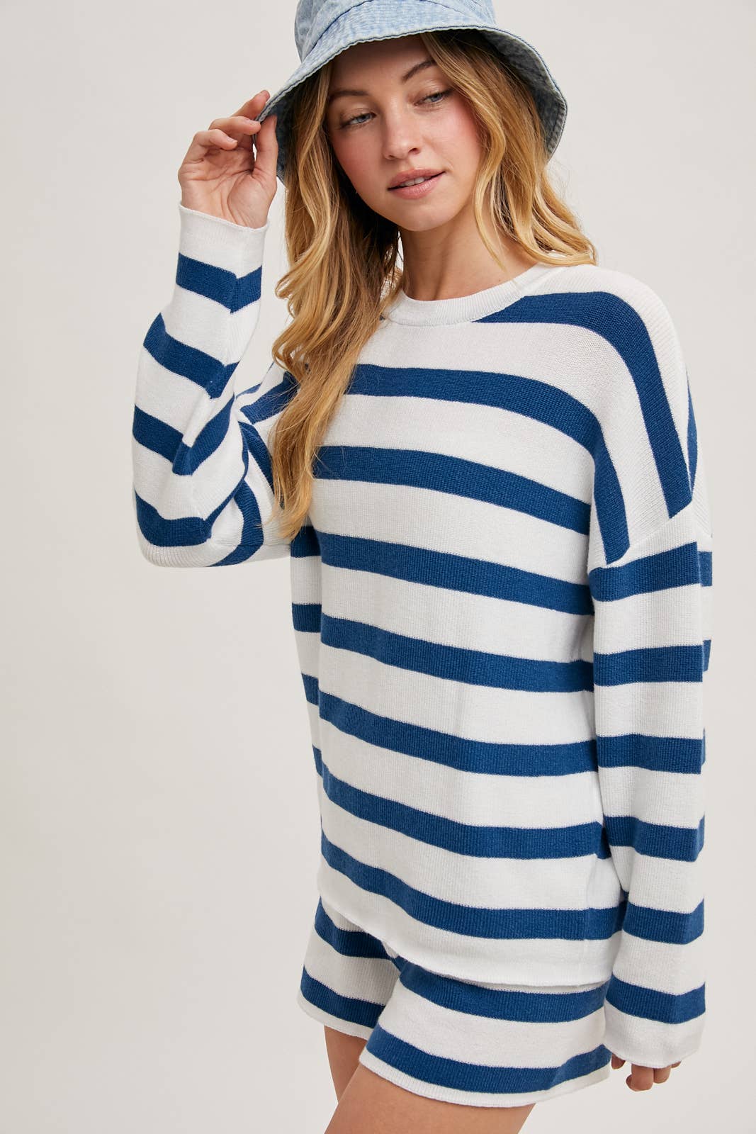 Striped Knit Pullover Set: Blue