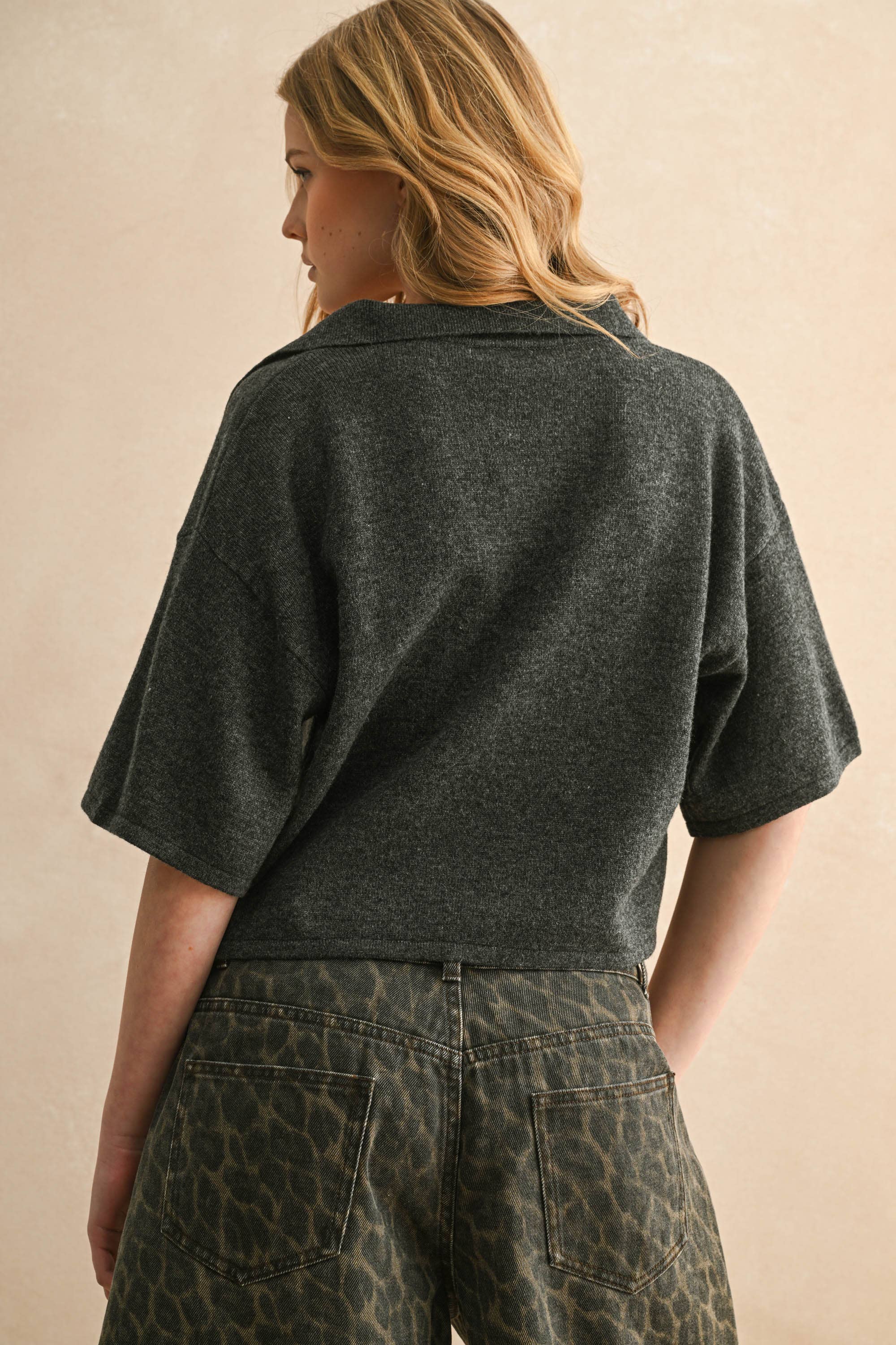 Crop Knit Polo Shirt: Charcoal