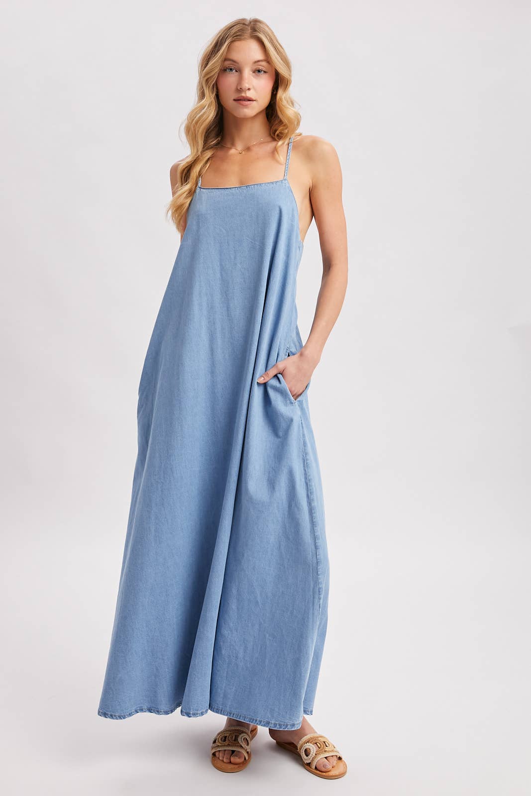 Denim Open Back Dress: Lt.Wash