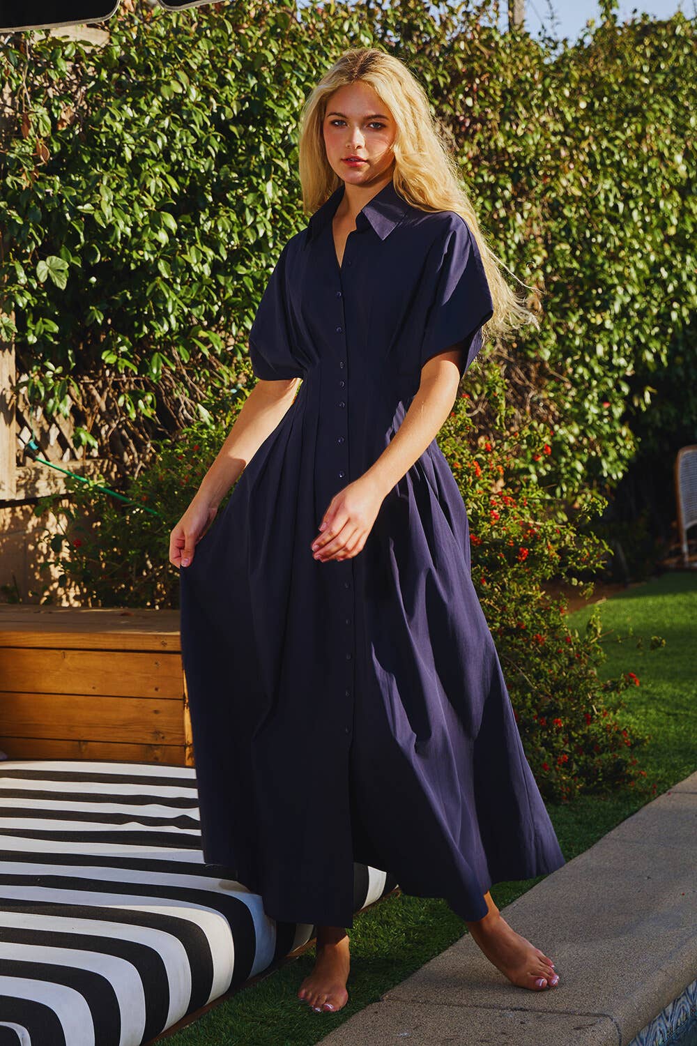 Poplin Pleated Midi Dress: Navy