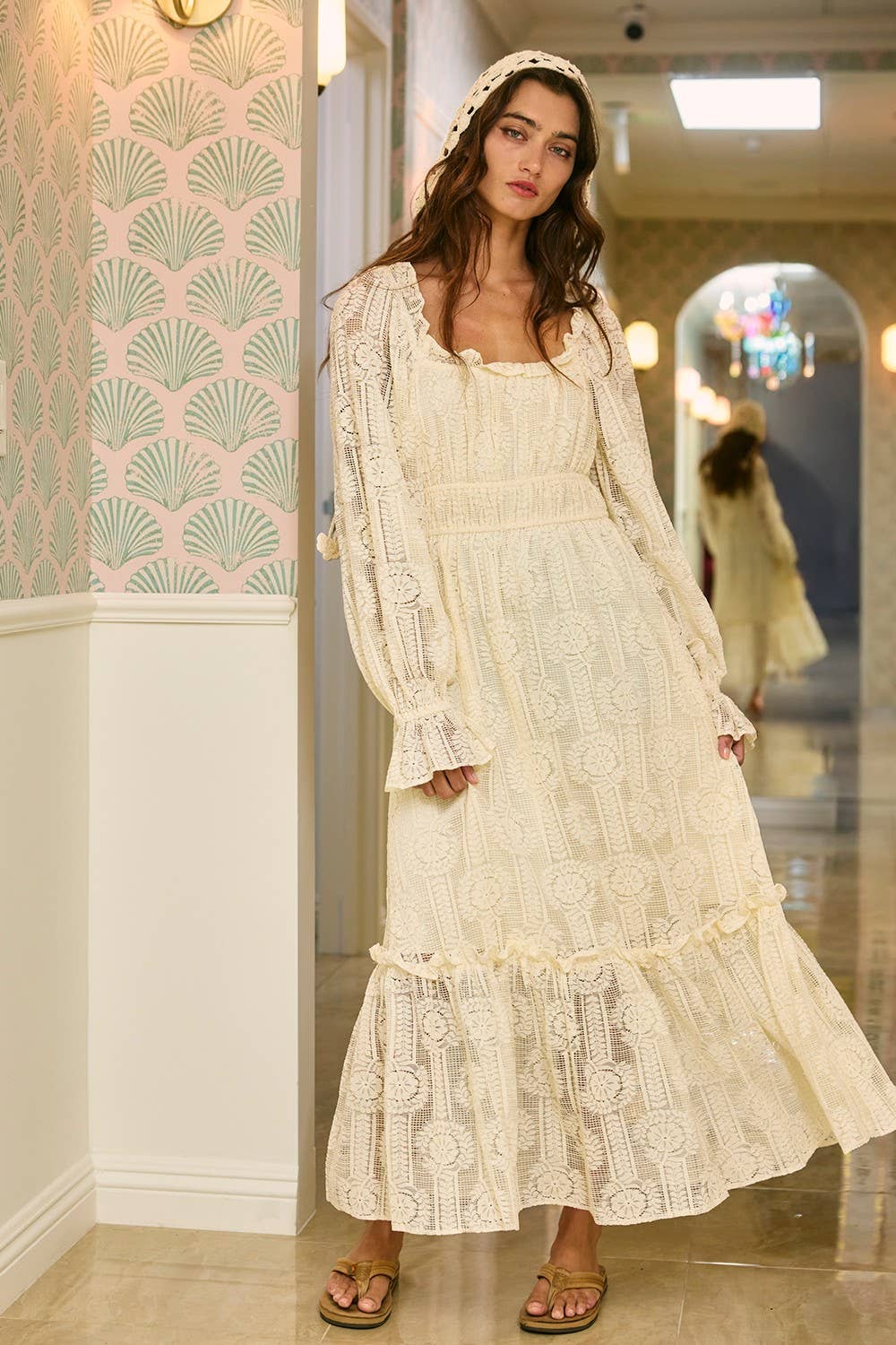 Cascading Lace Maxi Dress: Cream