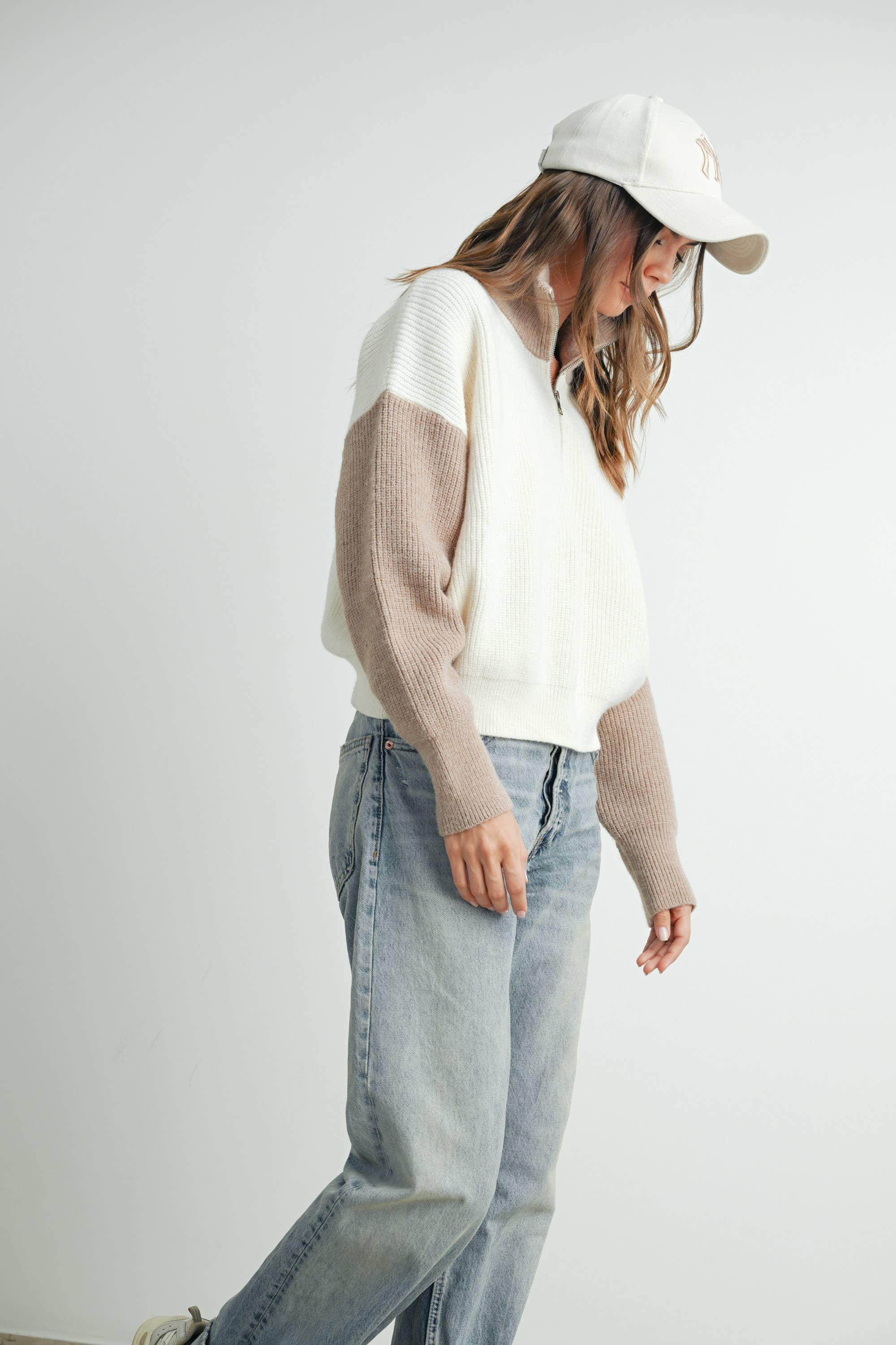 Color Block Pullover-Ivory/Taupe