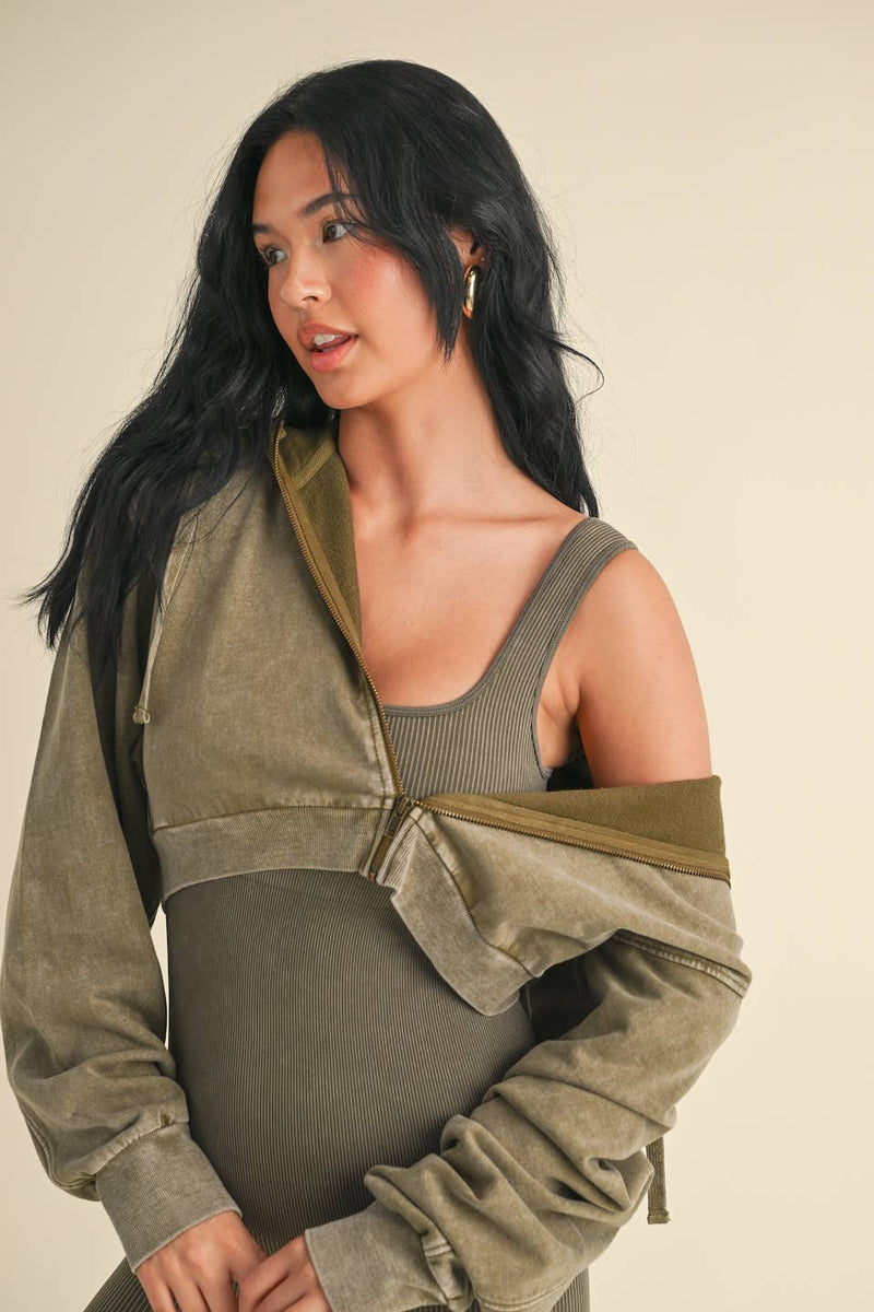 Mineral Wash Crop Hoodie Olive
