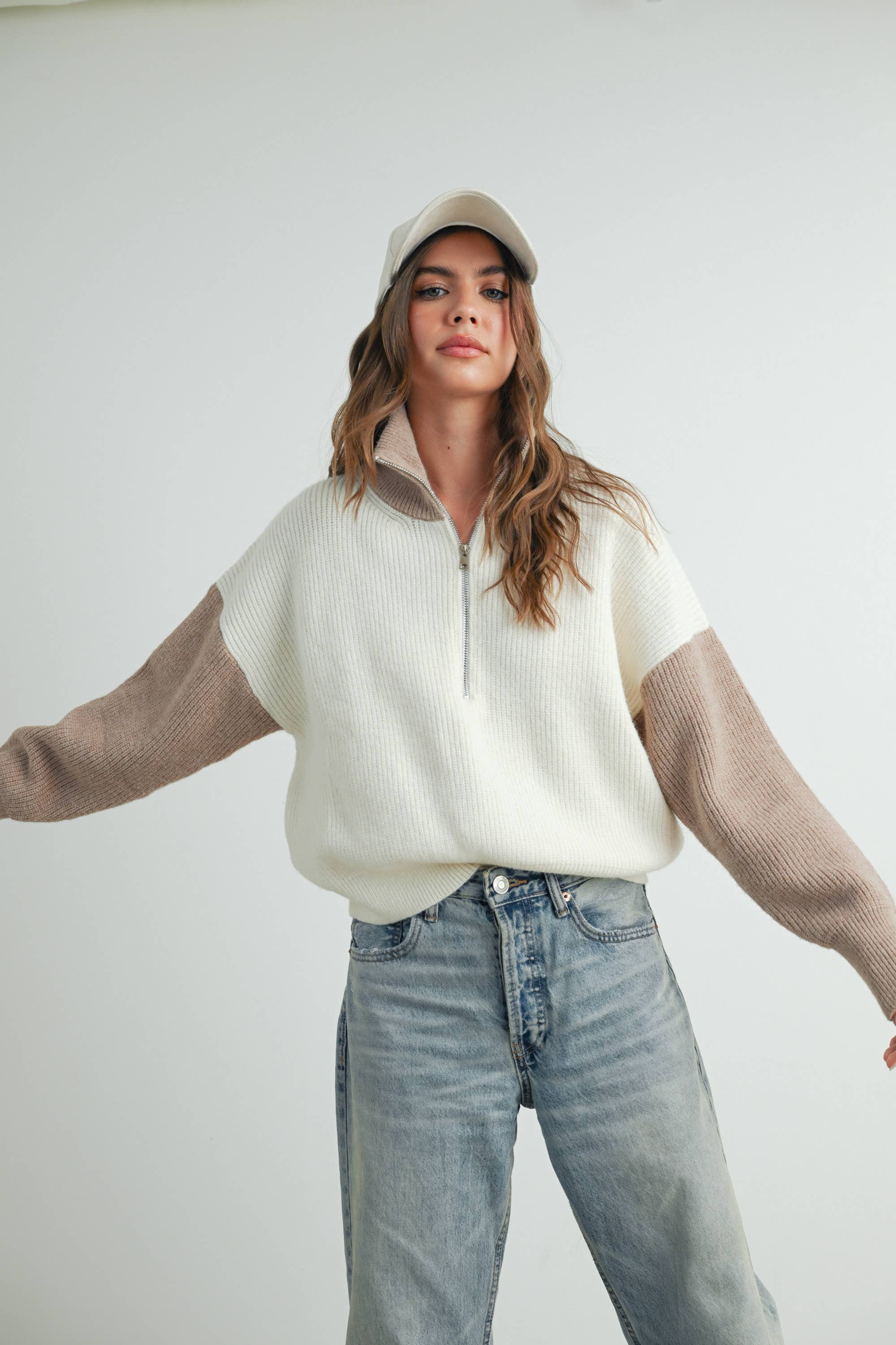 Color Block Pullover-Ivory/Taupe