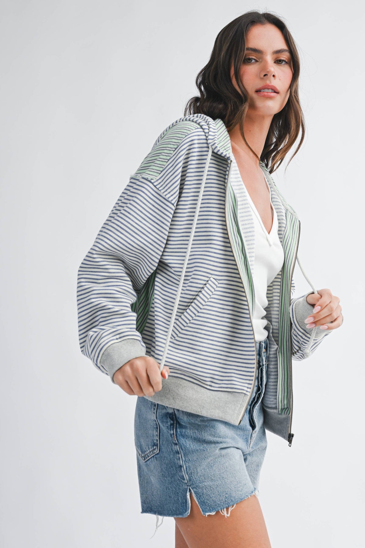 Striped Zip Hoodie: Blue