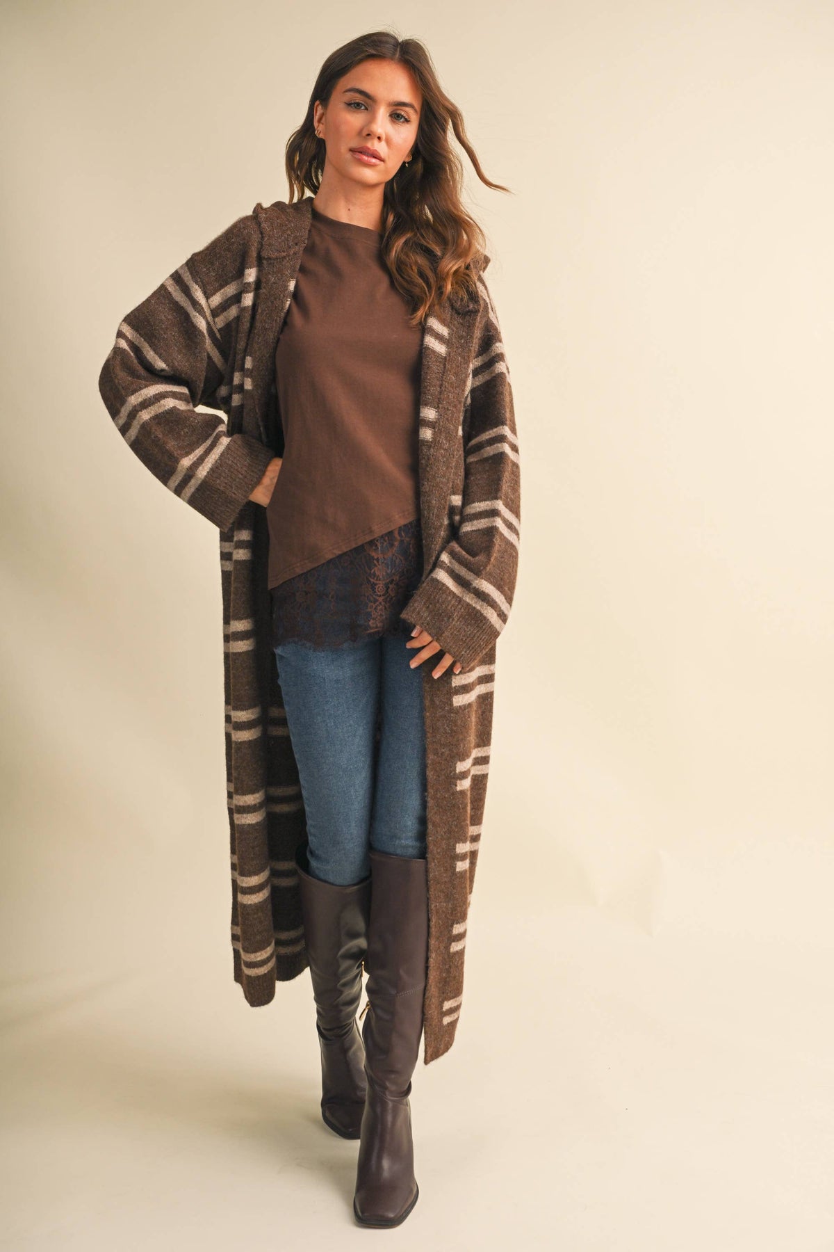 Striped Long Sweater Cardigan: Brown