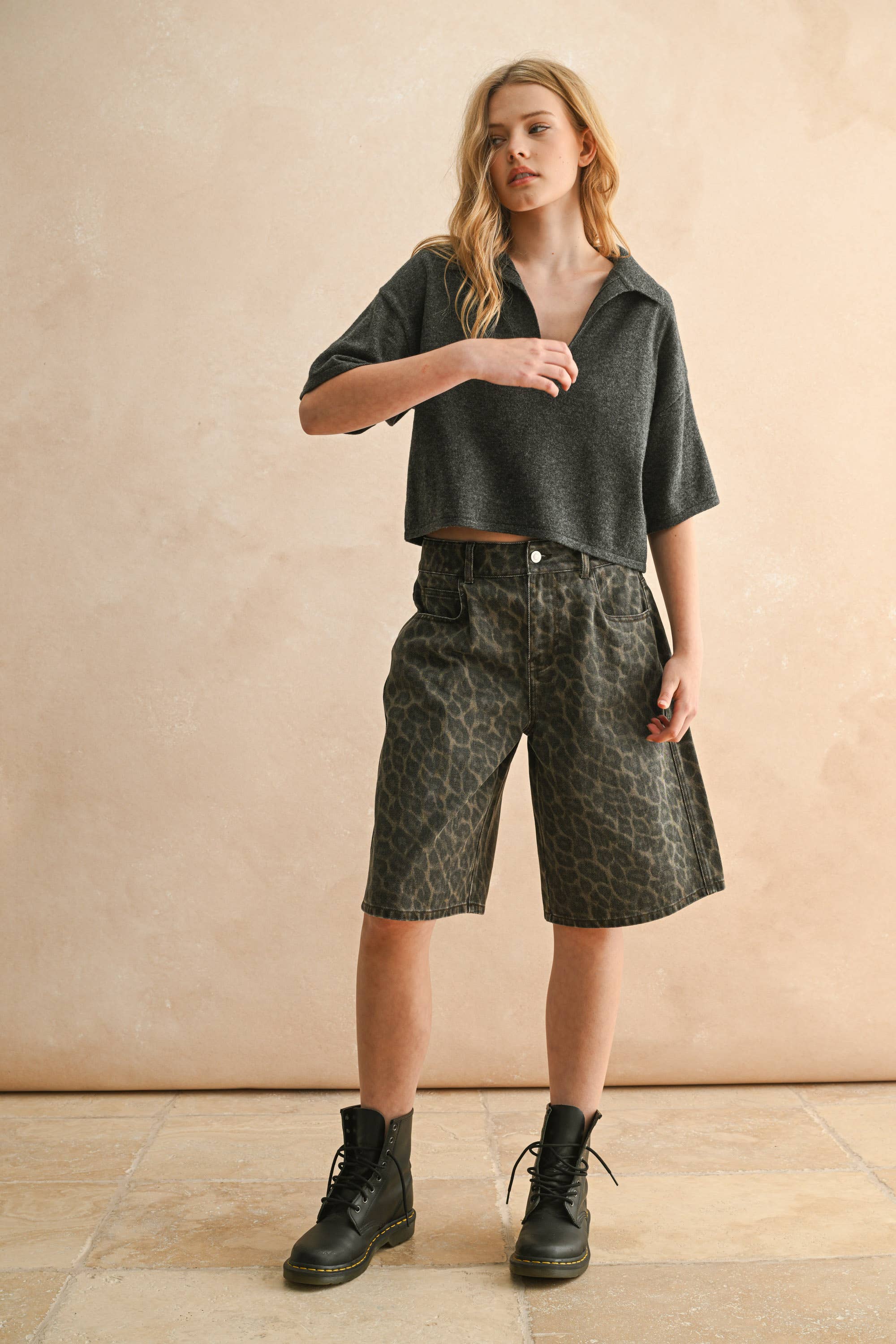 Crop Knit Polo Shirt: Charcoal
