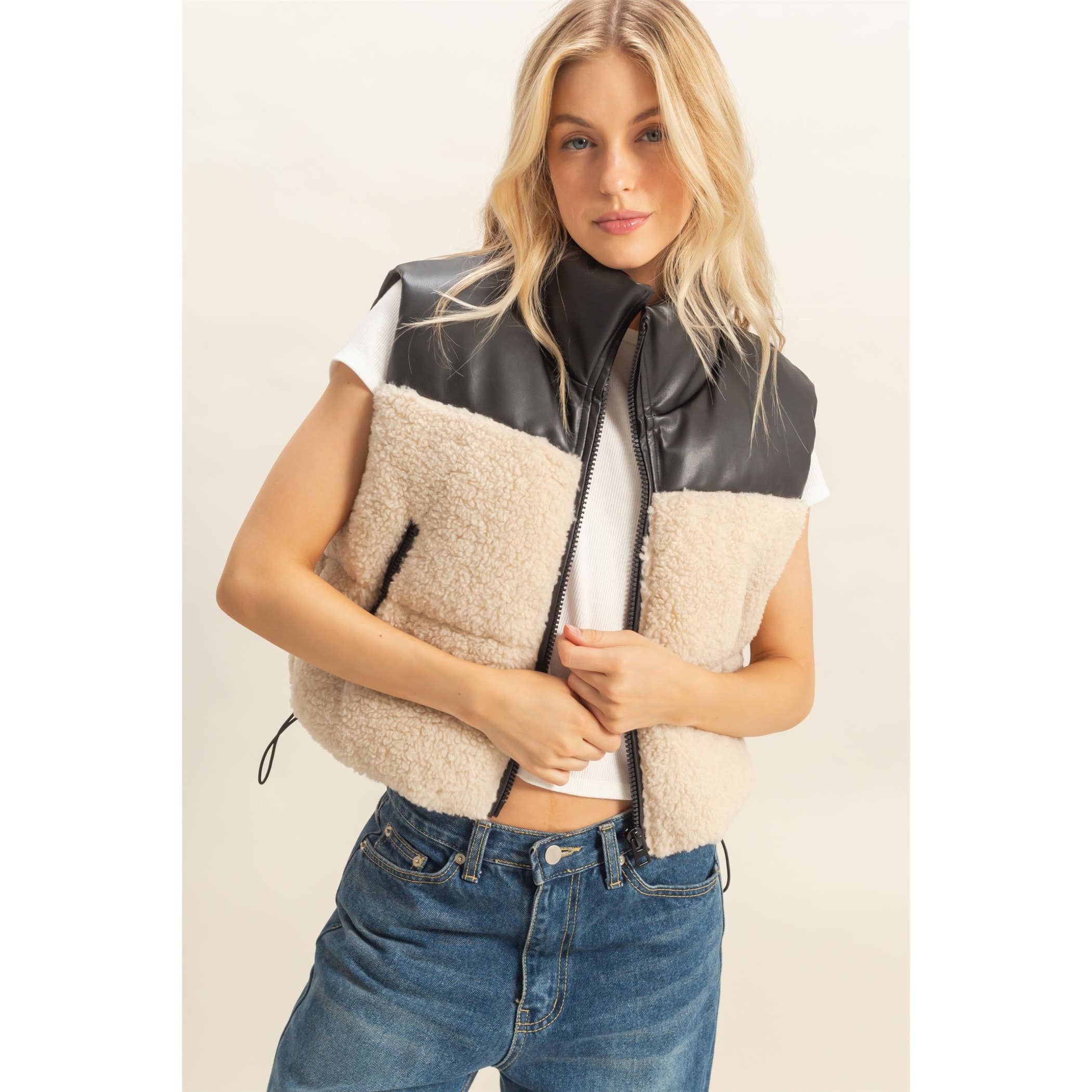 Sherpa Pu Puffer Vest: Cream