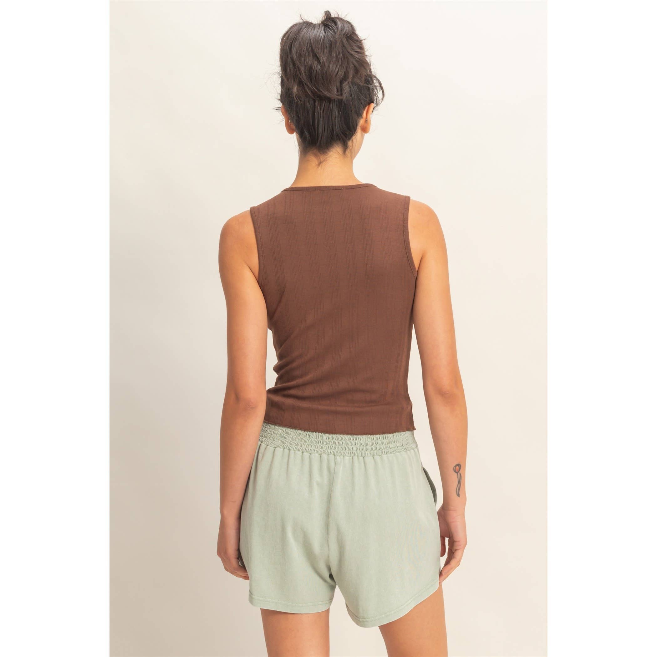 Pointelle Button Front Top: Chocolate
