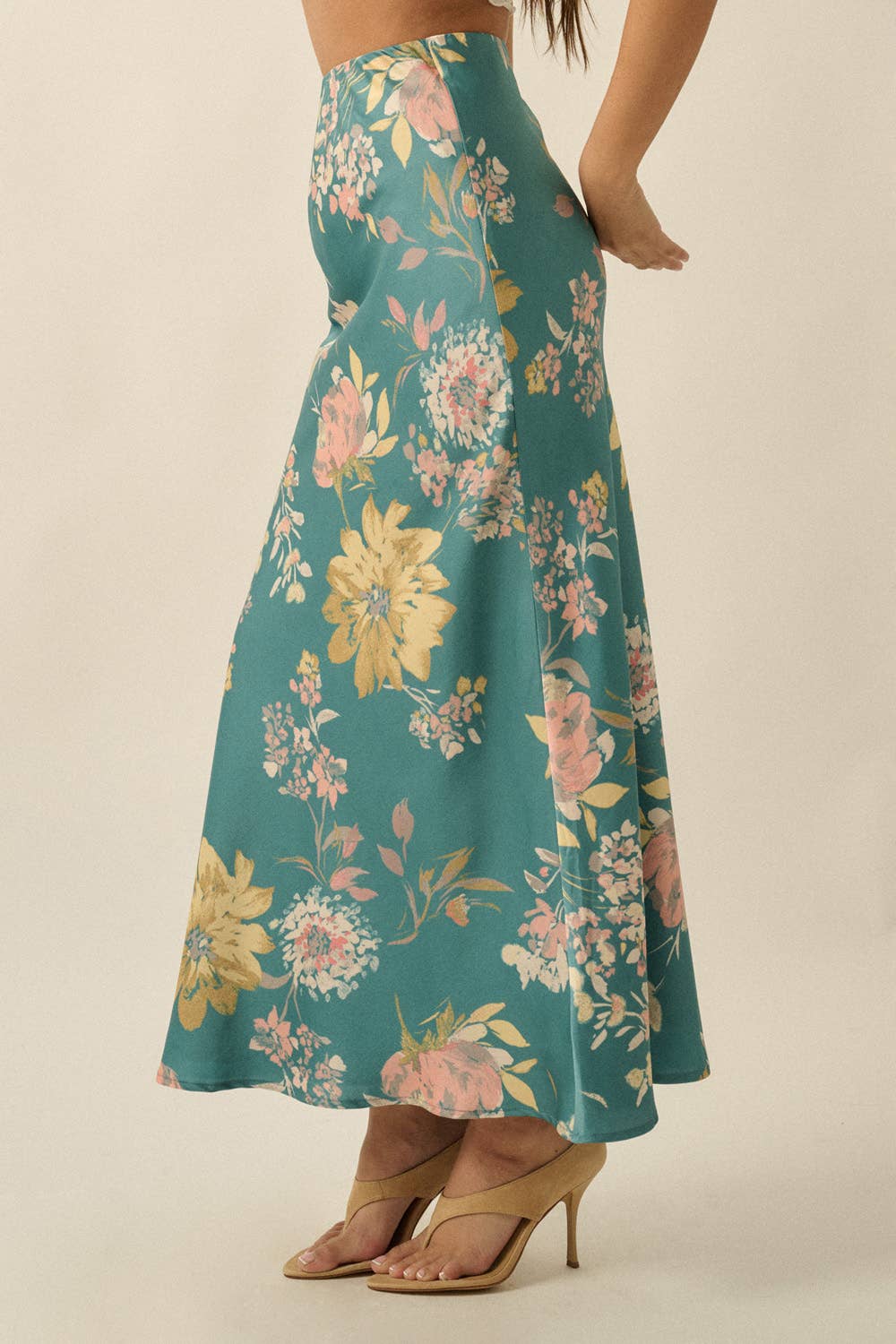 Textured Floral Maxi Skirt:Teal