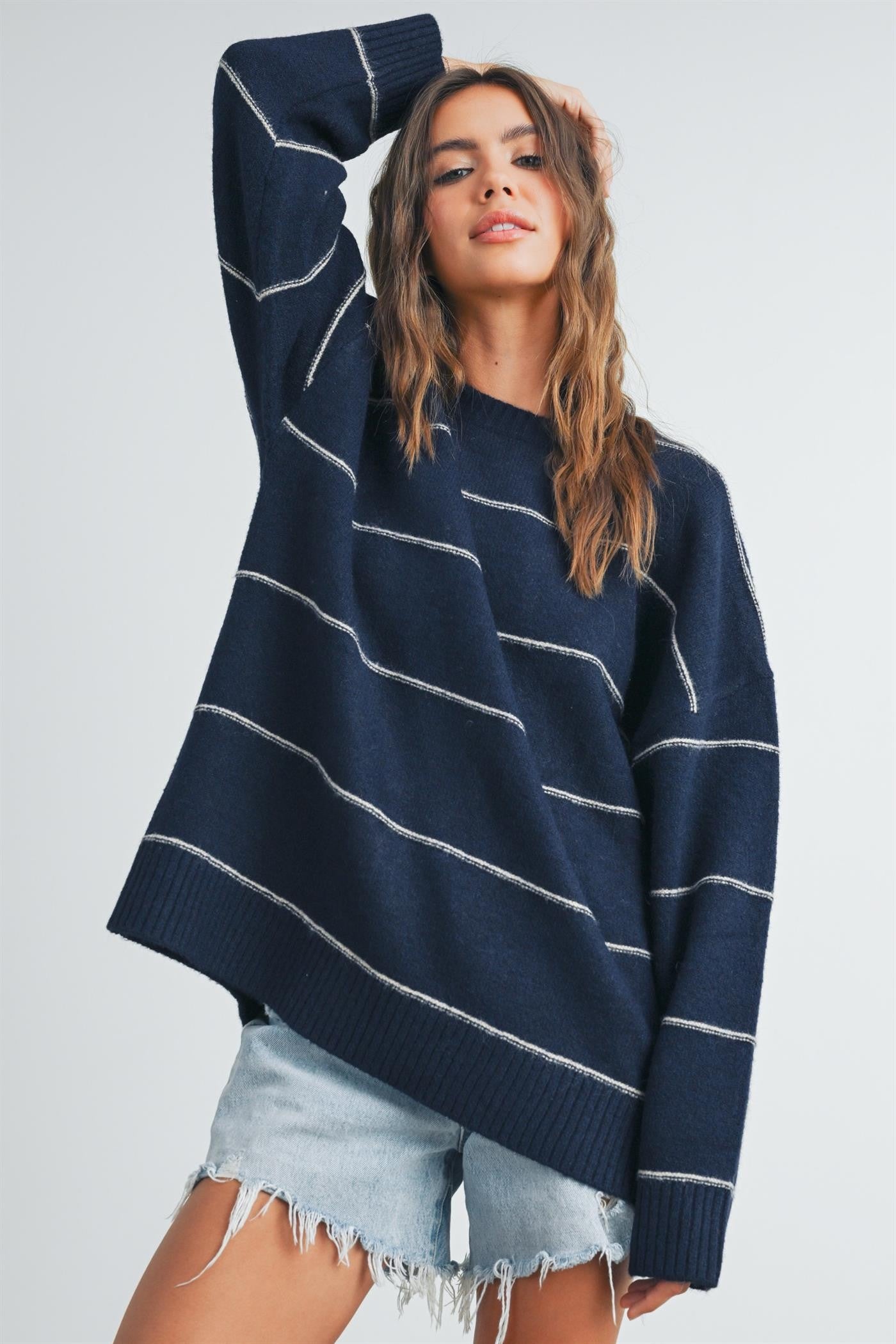 Striped Drop Shoulder Sweater: Navy