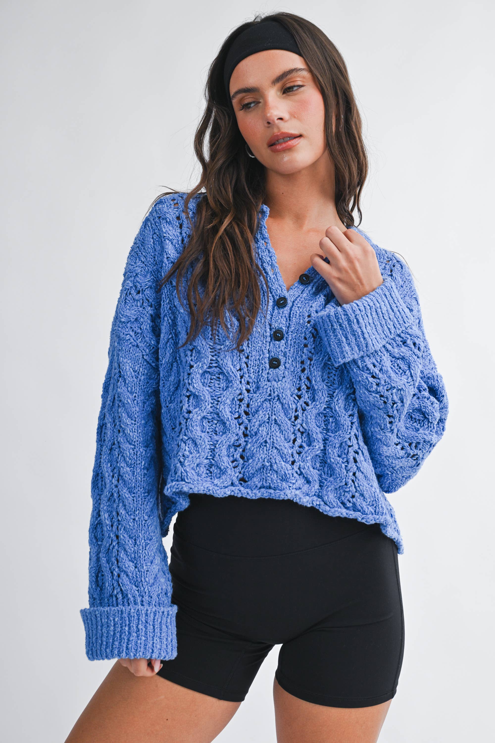 Textured Henley Knit Sweater: Blue