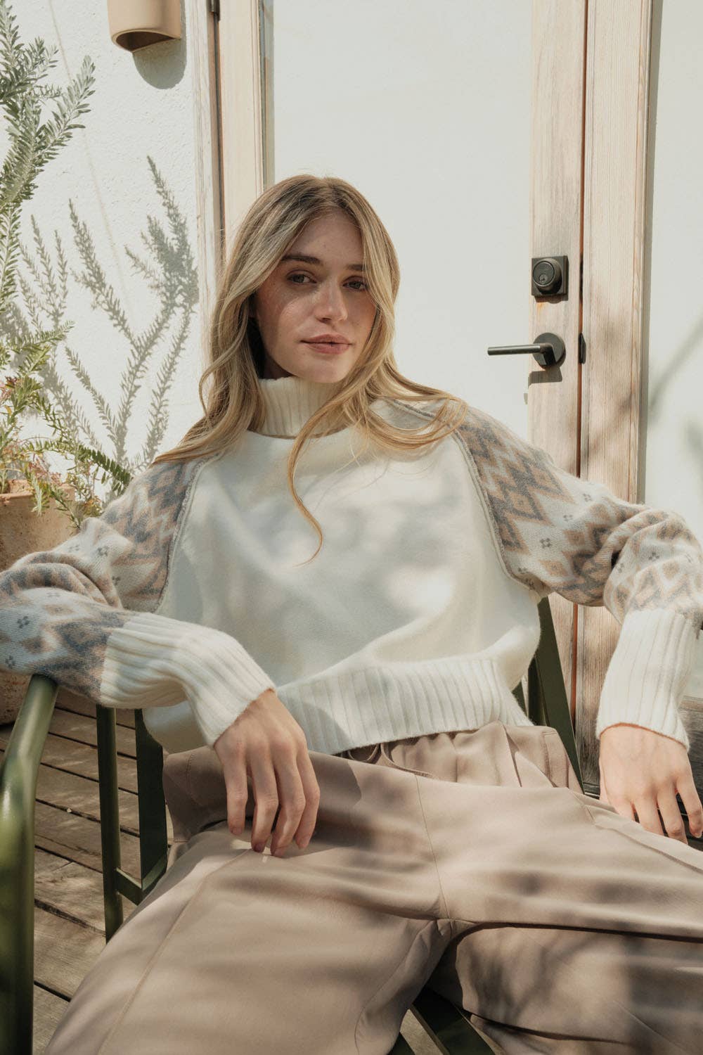 Knit Geo-Print Sweater: Cream